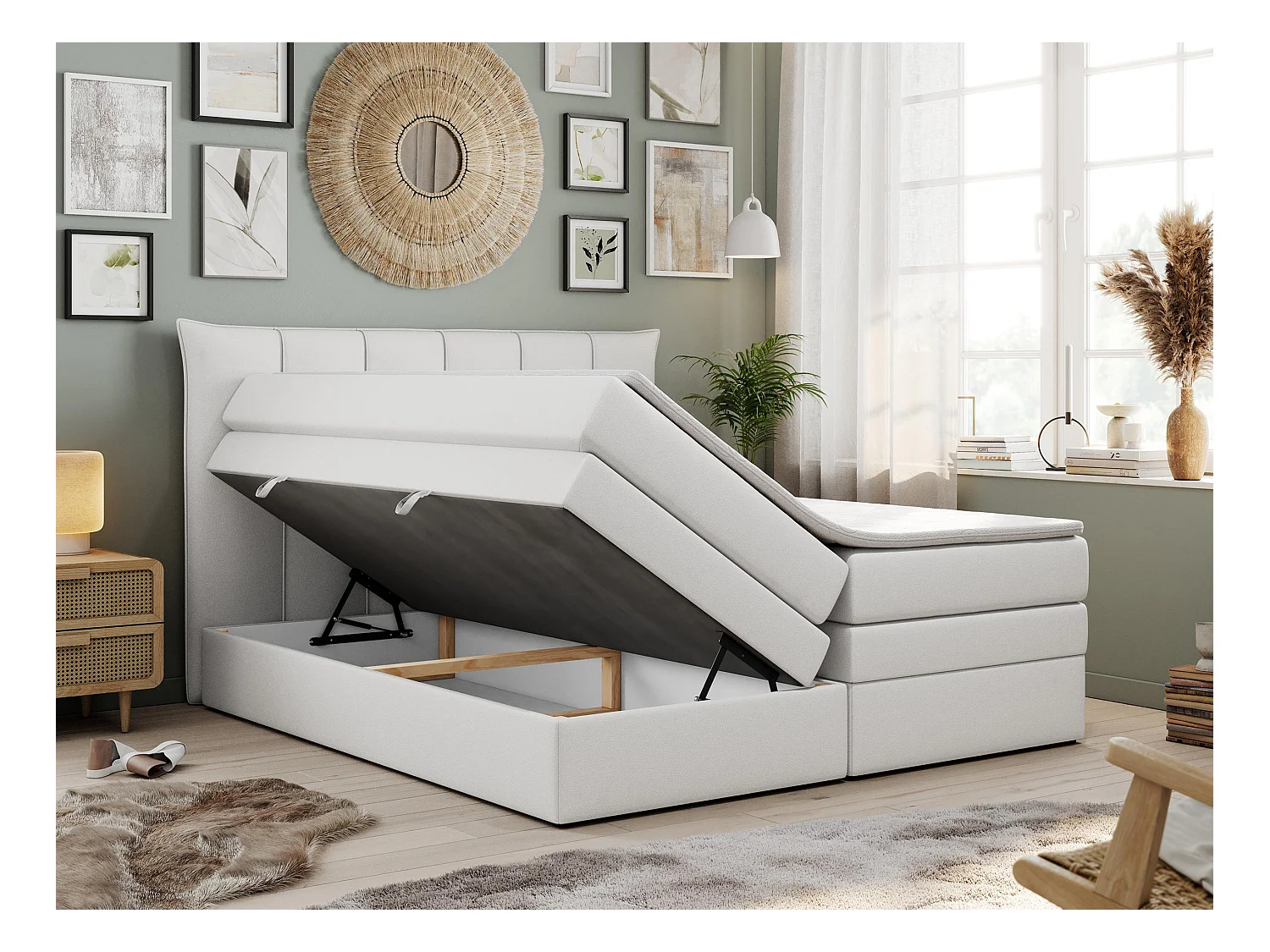 Boxspringbett PREMIUM 10 KING, Doppelbett mit Stauraum, gesteppte Kopfstütze, Multipocket-Matratze - 180x200 cm - H3 - Weiß Kunstleder