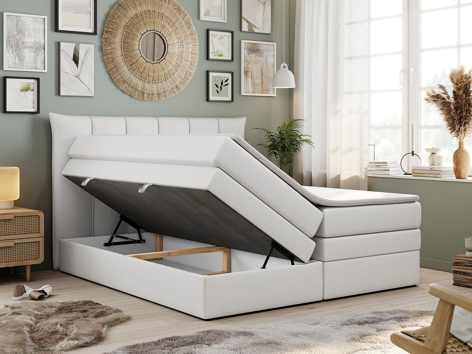 Boxspringbett PREMIUM 10 KING, Doppelbett mit Stauraum, gesteppte Kopfstütze, Multipocket-Matratze - 180x200 cm - H3 - Weiß Kunstleder