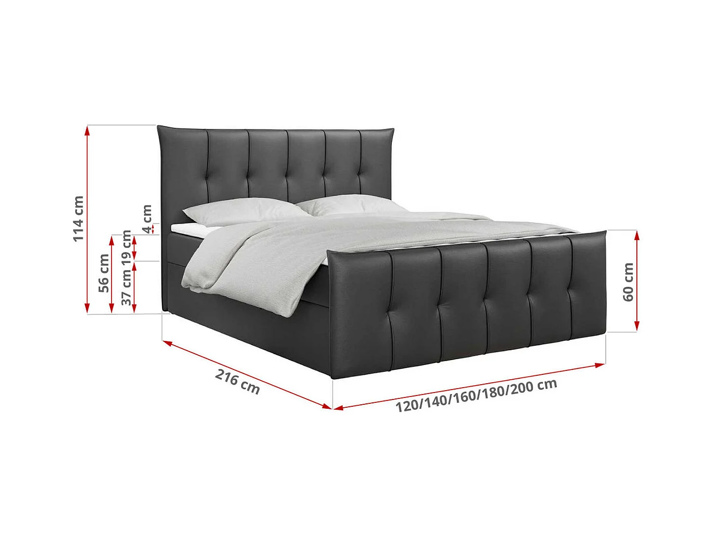 Boxspringbett PREMIUM 11 mit Stauraum, gestepptem Kopfteil, Multipocket-Matratze und Topper - 120x200 cm - H3 - Dunkelgrau Kunstleder