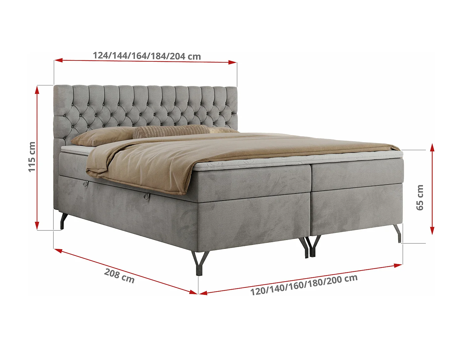 Boxspringbett GRIMALDI mit zwei Bettkästen, gesteppter Kopfstütze, Metallfüßen - 180x200 cm - H3 - Hellgrau Velvet