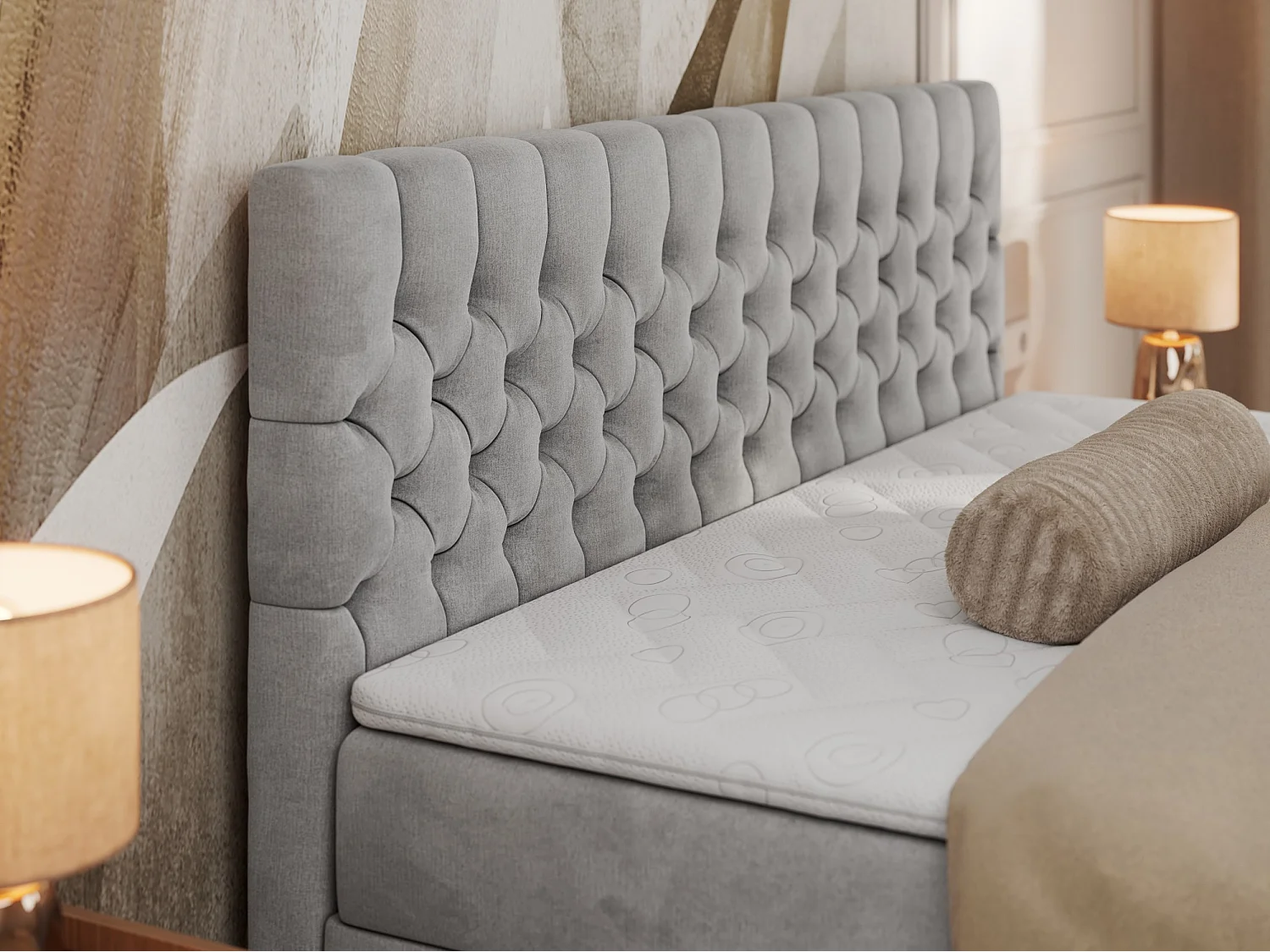 Boxspringbett GRIMALDI mit zwei Bettkästen, gesteppter Kopfstütze, Metallfüßen - 180x200 cm - H3 - Hellgrau Velvet