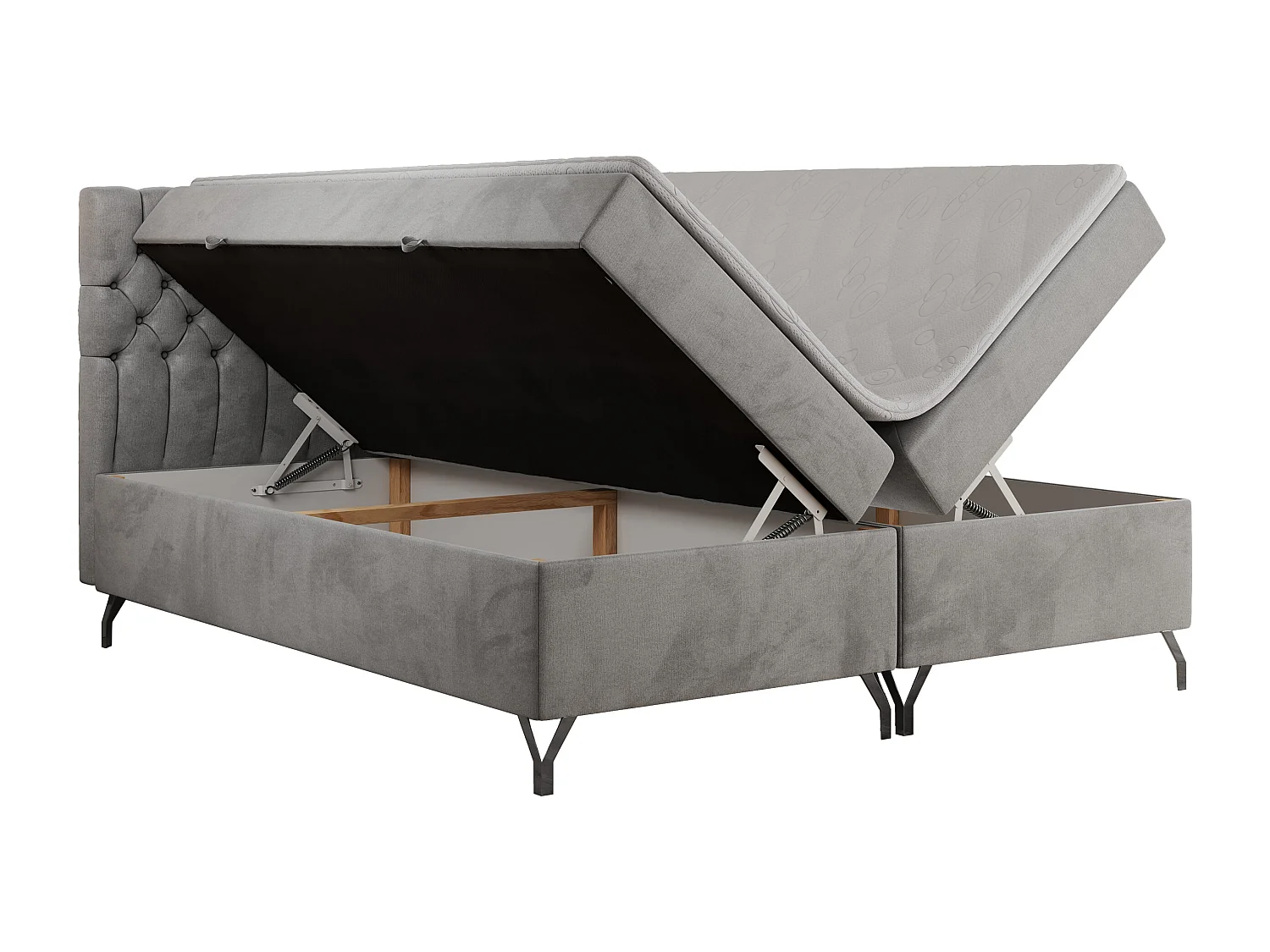 Boxspringbett GRIMALDI mit zwei Bettkästen, gesteppter Kopfstütze, Metallfüßen - 180x200 cm - H3 - Hellgrau Velvet