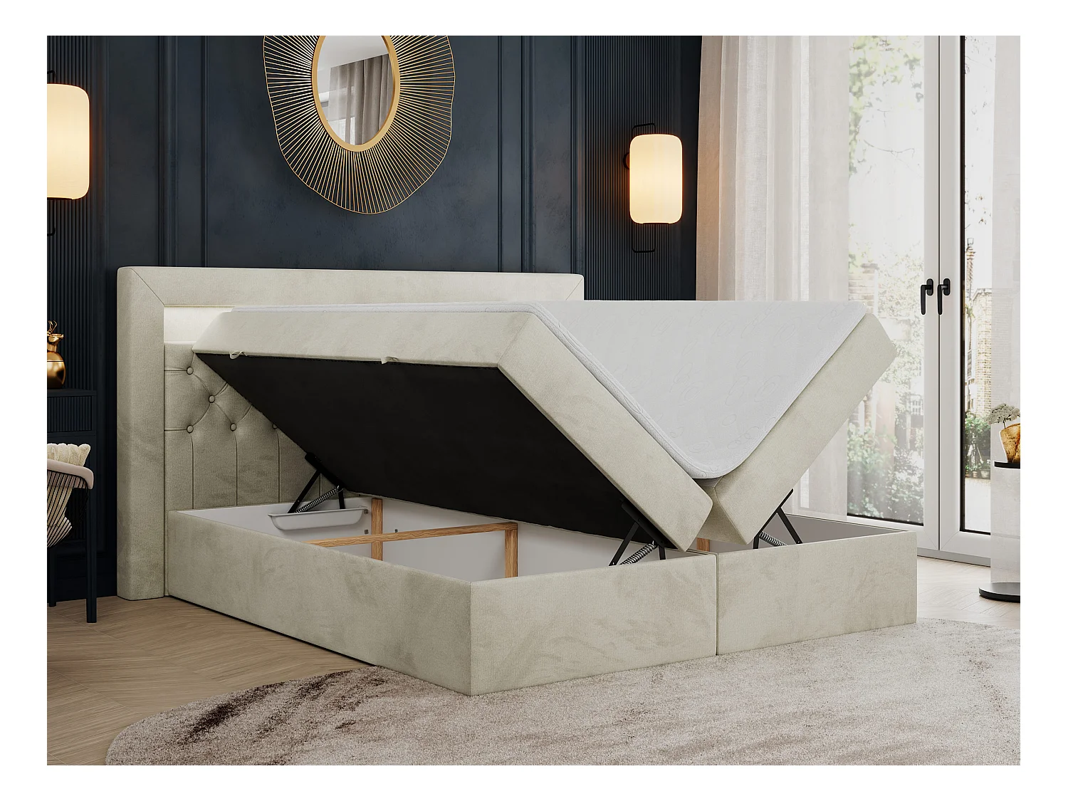 Boxspringbett GOLD 6, Doppelbett mit Stauraum, LED-Beleuchtung, gesteppte Kopfstütze - 120x200 cm - H3 - Beige Velvet
