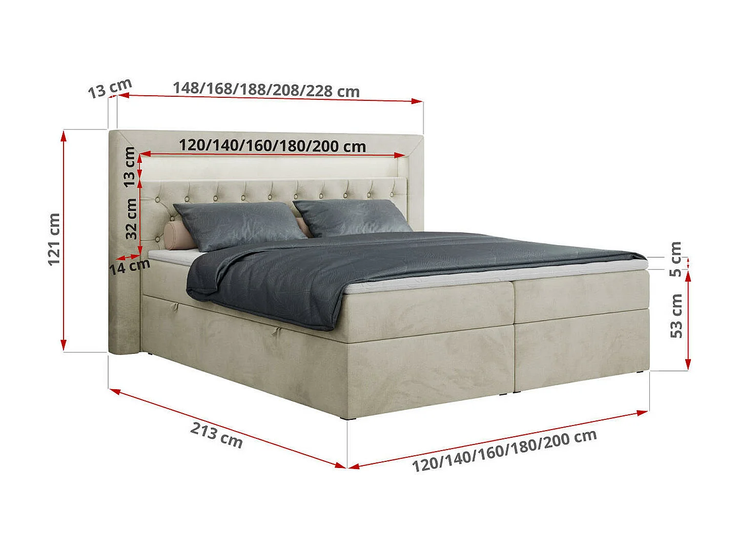 Boxspringbett GOLD 6, Doppelbett mit Stauraum, LED-Beleuchtung, gesteppte Kopfstütze - 120x200 cm - H3 - Beige Velvet