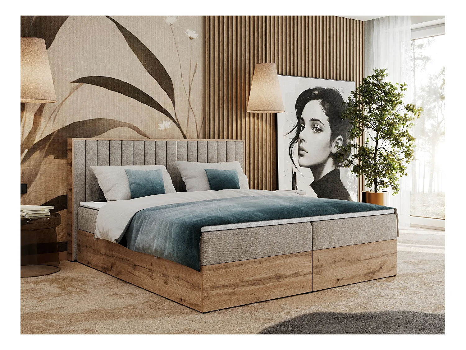Boxspringbett ALBERO 4, Eiche Wotan Holzrahmen, mit Stauraum, genähtes Kopfteil - 160x200 cm - H3 - Beige Strukture