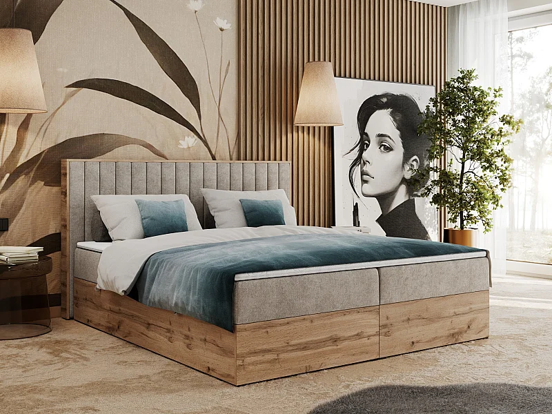 Boxspringbett ALBERO 4, Eiche Wotan Holzrahmen, mit Stauraum, genähtes Kopfteil - 160x200 cm - H3 - Beige Strukture