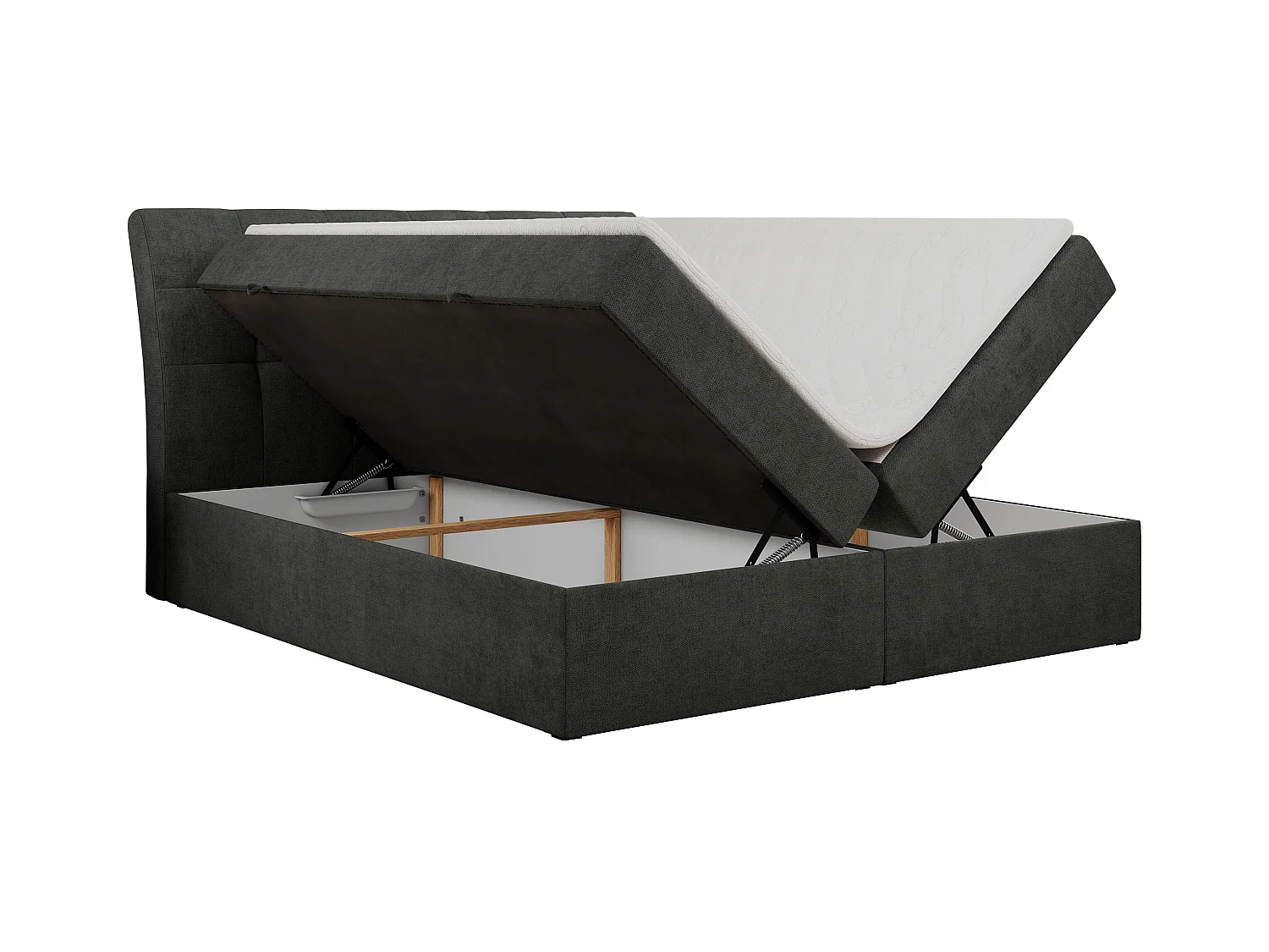Boxspringbett DIEGOS mit Stauraum, gestepptem Kopfteil, Multipocket-Matratze - 180x200 cm - H3 - Dunkelgrau Strukture