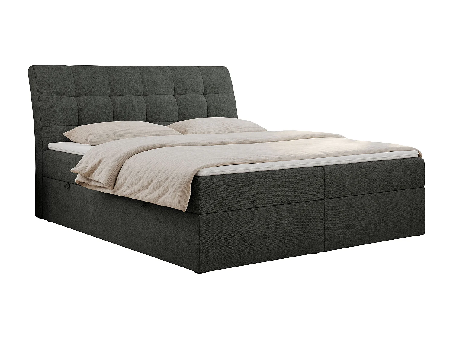 Boxspringbett DIEGOS mit Stauraum, gestepptem Kopfteil, Multipocket-Matratze - 180x200 cm - H3 - Dunkelgrau Strukture
