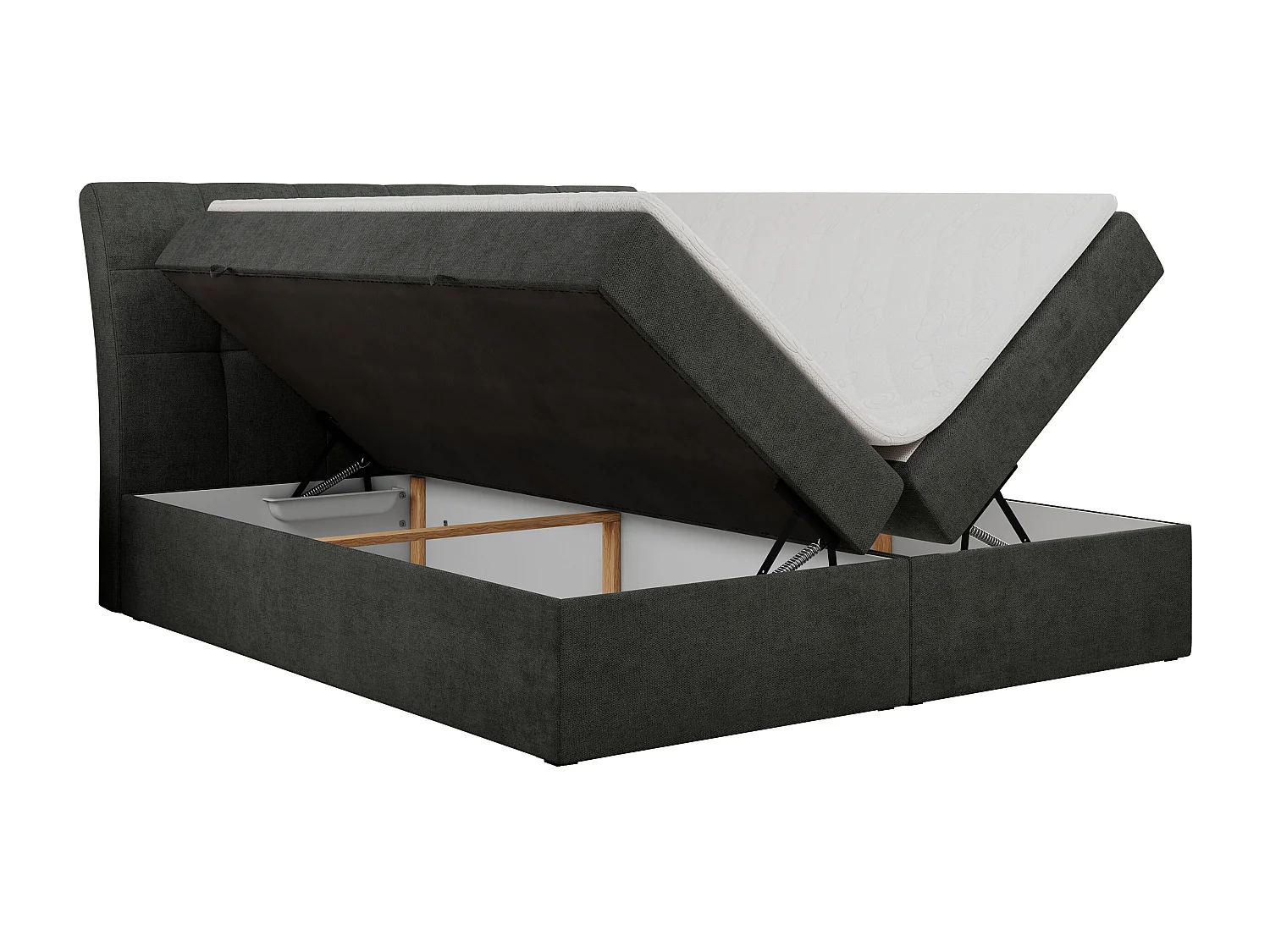 Boxspringbett DIEGOS mit Stauraum, gestepptem Kopfteil, Multipocket-Matratze - 180x200 cm - H3 - Dunkelgrau Strukture