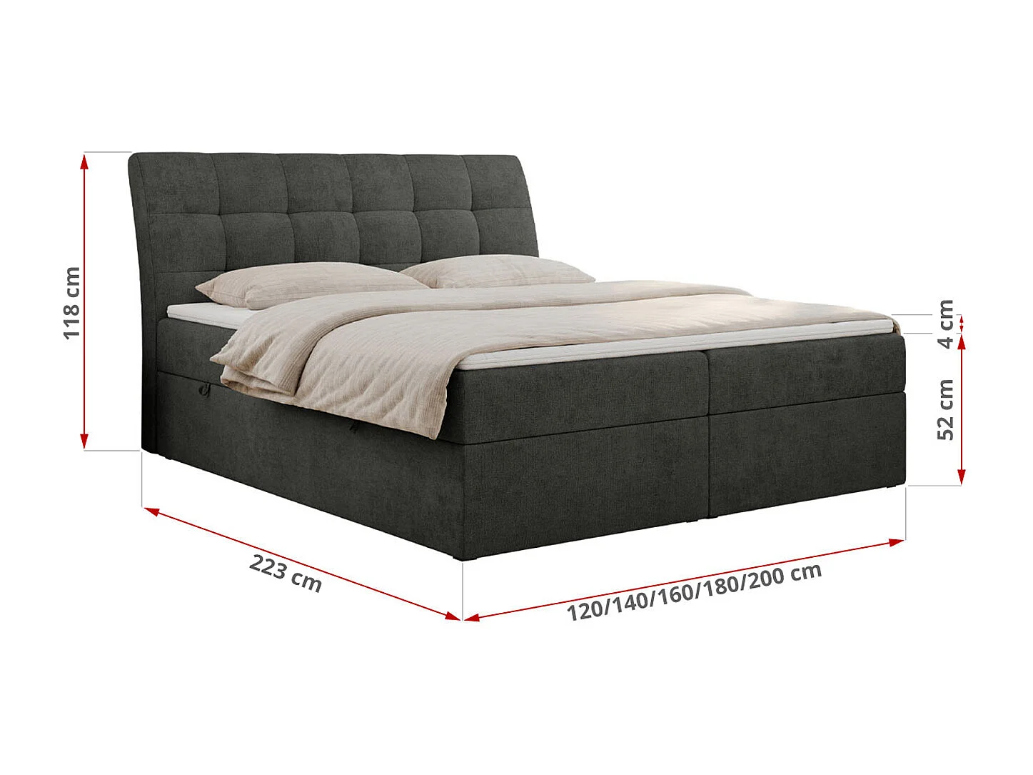 Boxspringbett DIEGOS mit Stauraum, gestepptem Kopfteil, Multipocket-Matratze - 180x200 cm - H3 - Dunkelgrau Strukture