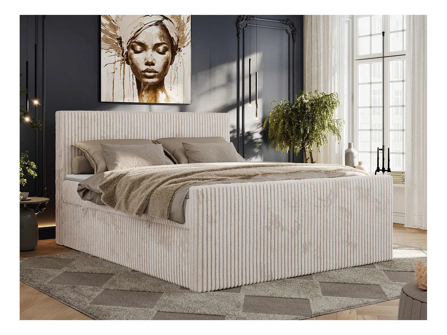 Boxspringbett TILIANO DUO mit gepolstertem Fußteil, Cord Bett, Multipocket-Matratze - 200x200 cm - H4 - Beige Cord