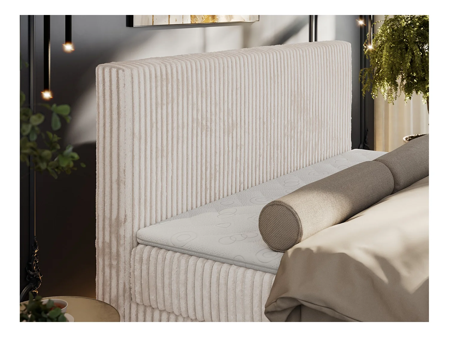 Boxspringbett TILIANO DUO mit gepolstertem Fußteil, Cord Bett, Multipocket-Matratze - 200x200 cm - H4 - Beige Cord