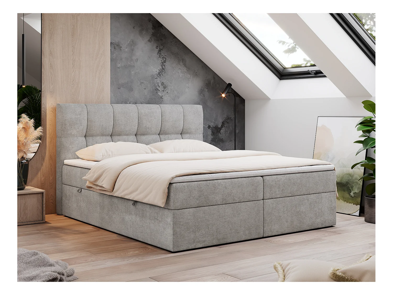 Boxspringbett RICO, Doppelbett mit Matratze, zwei Bettkästen, Bett mit Kopfteil - 120x200 cm - H3 - Hellgrau Stukture