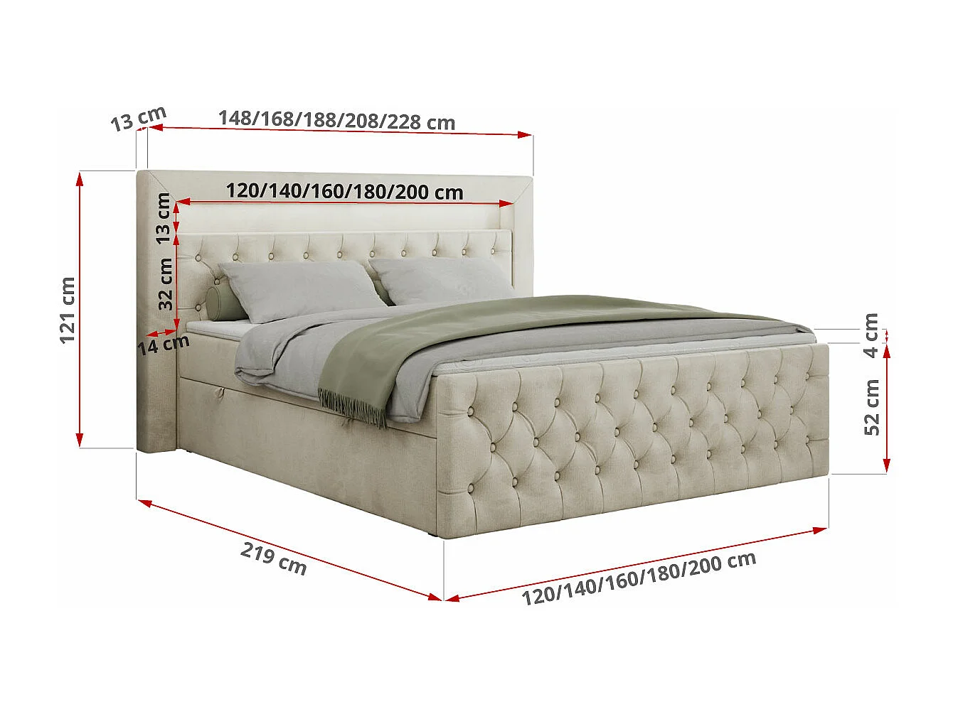 Boxspringbett GOLD 9 mit Stauraum, Multipocket-Matratze, gestepptes Bett, LED Beleuchtung - 140x200 cm - H3 - Beige Velvet