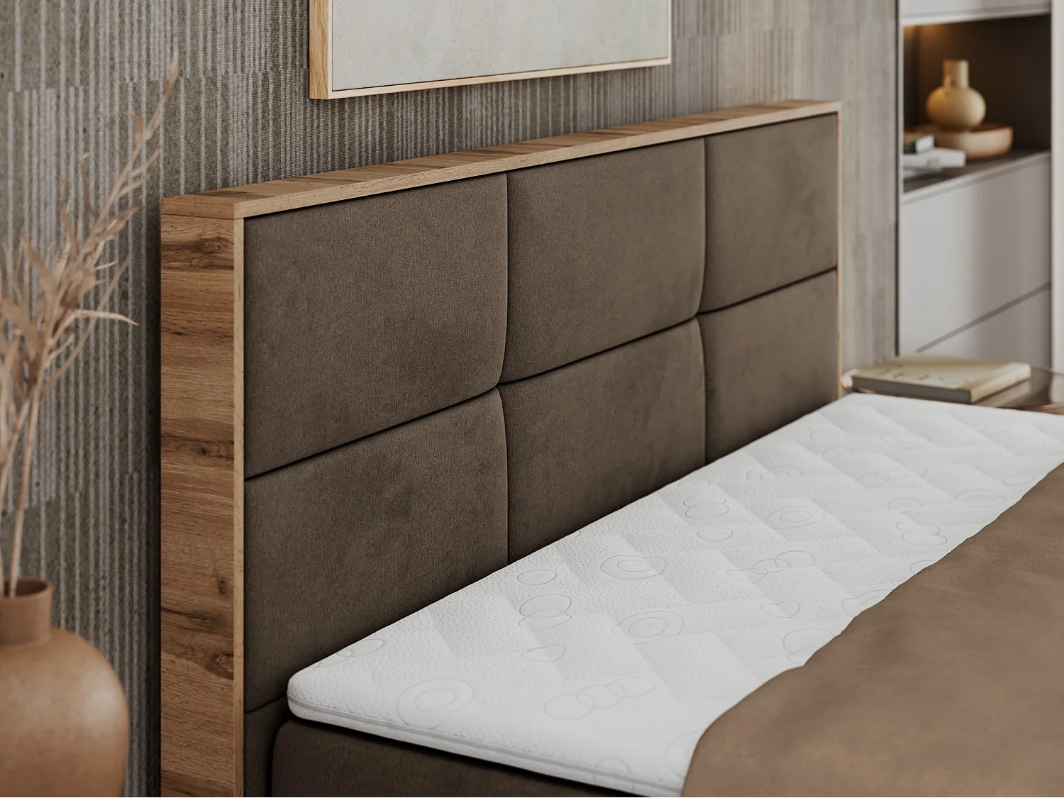 Boxspringbett ALBERO 2 mit Topper und Multipocket-Matratze, Stauraum, Holzrahmen - 120x200 cm - H3 - Braun Velvet