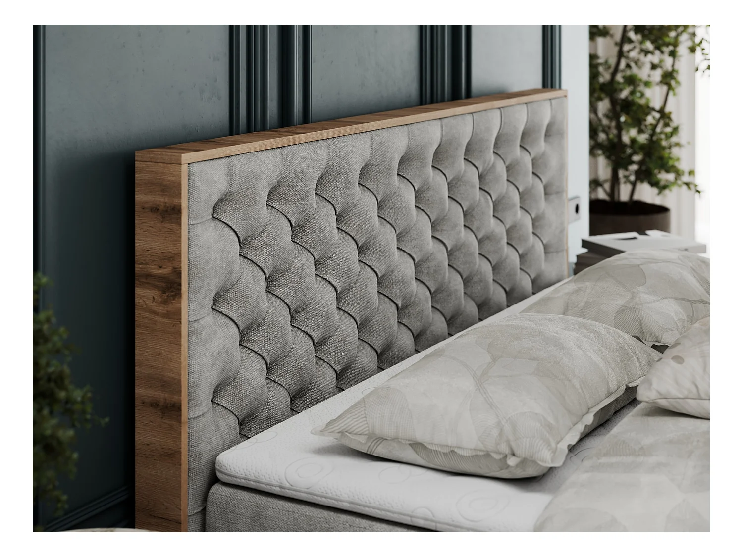 Boxspringbett ALBERO 3 - gesteppte Kopfstütze, Eiche Wotan Holzrahmen, Stauraum - 120x200 cm - H4 - Hellgrau Strukture