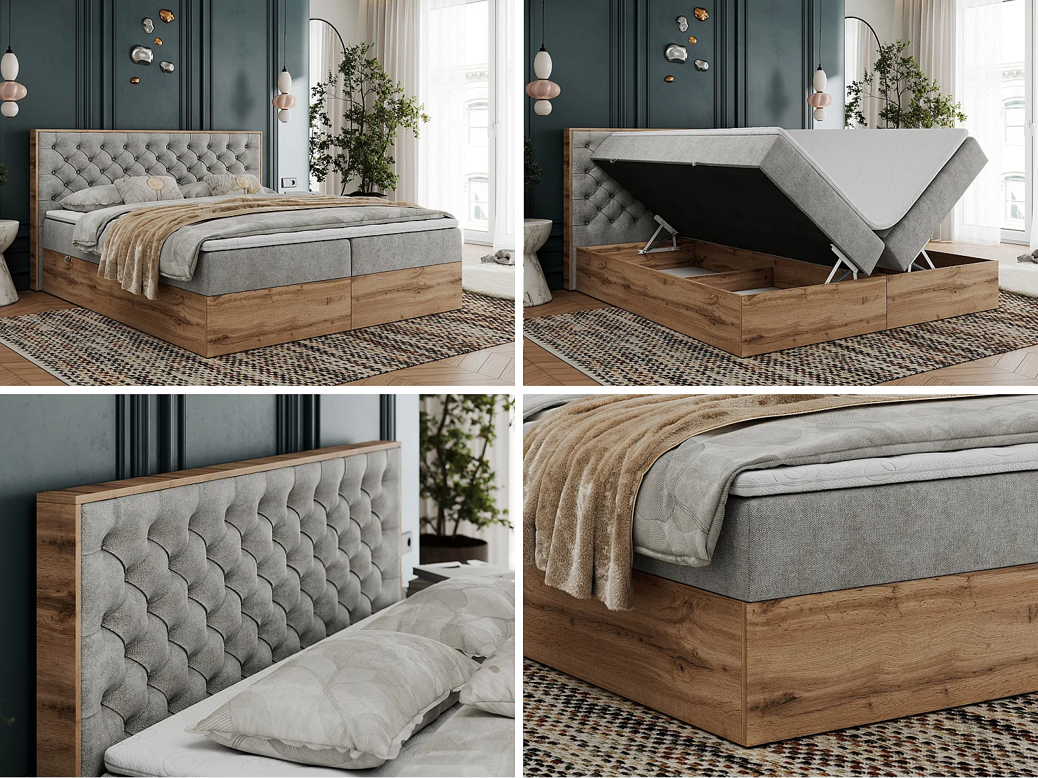 Boxspringbett ALBERO 3 - gesteppte Kopfstütze, Eiche Wotan Holzrahmen, Stauraum - 120x200 cm - H4 - Hellgrau Strukture