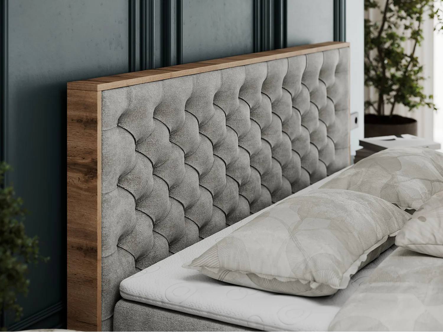 Boxspringbett ALBERO 3 - gesteppte Kopfstütze, Eiche Wotan Holzrahmen, Stauraum - 120x200 cm - H4 - Hellgrau Strukture