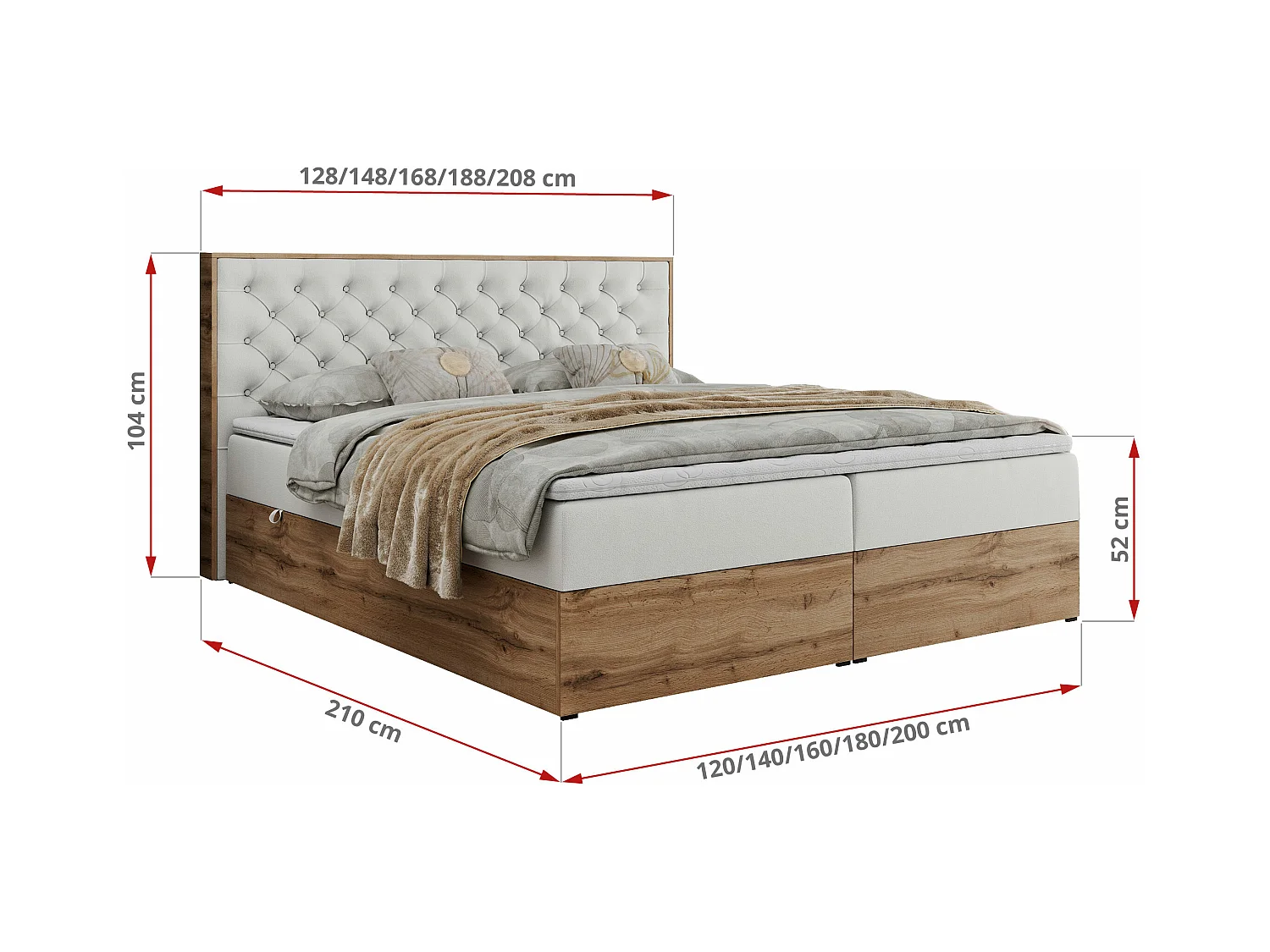 Boxspringbett ALBERO 3 - gesteppte Kopfstütze, Eiche Wotan Holzrahmen, Stauraum - 140x200 cm - H4 - Weiß Kunstleder