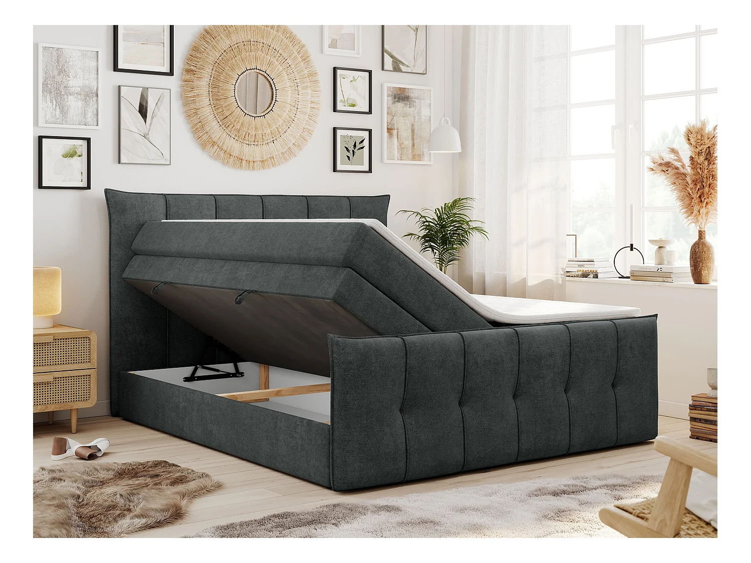 Boxspringbett PREMIUM 11 KING mit Stauraum, gestepptes Kopfteil, zwei Multipocket-Matratzen - 140x200 cm - H3 - Dunkelgrau Strukture