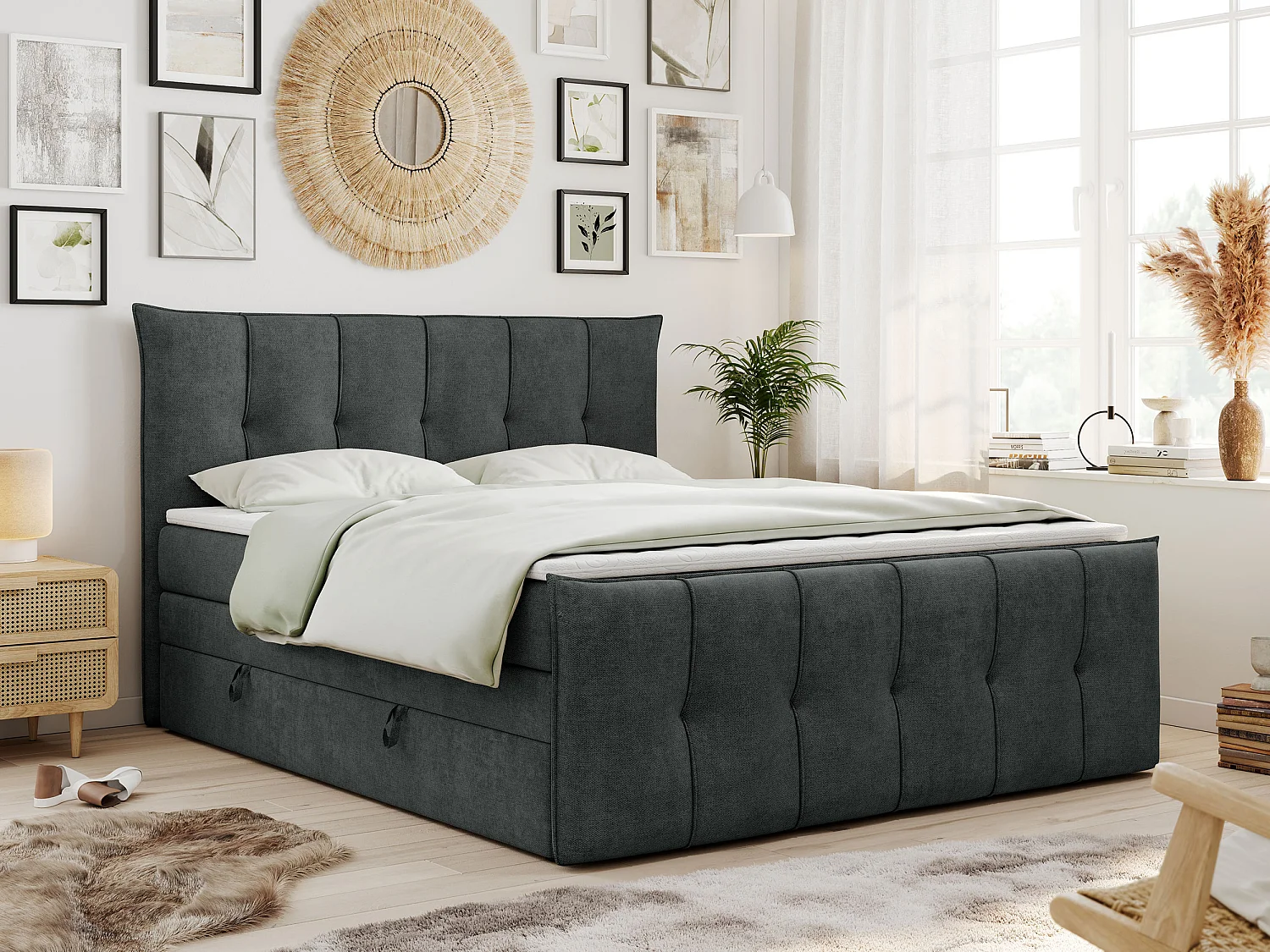 Boxspringbett PREMIUM 11 KING mit Stauraum, gestepptes Kopfteil, zwei Multipocket-Matratzen - 140x200 cm - H3 - Dunkelgrau Strukture