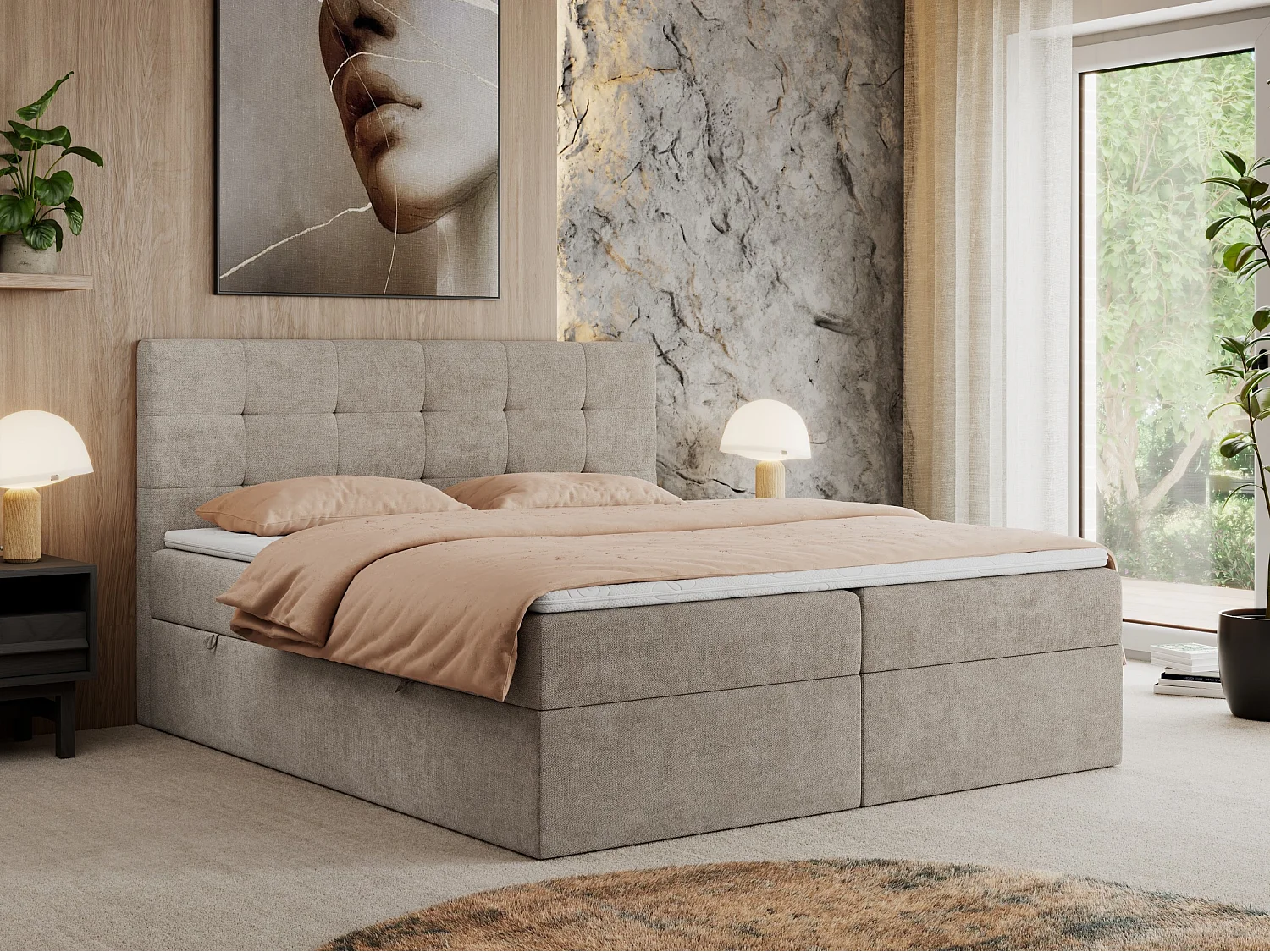 Boxspringbett CENTOS mit gestepptem Kopfteil, Multipocket-Matratze, Doppelbett mit Stauraum - 160x200 cm - H3 - Beige Struktur