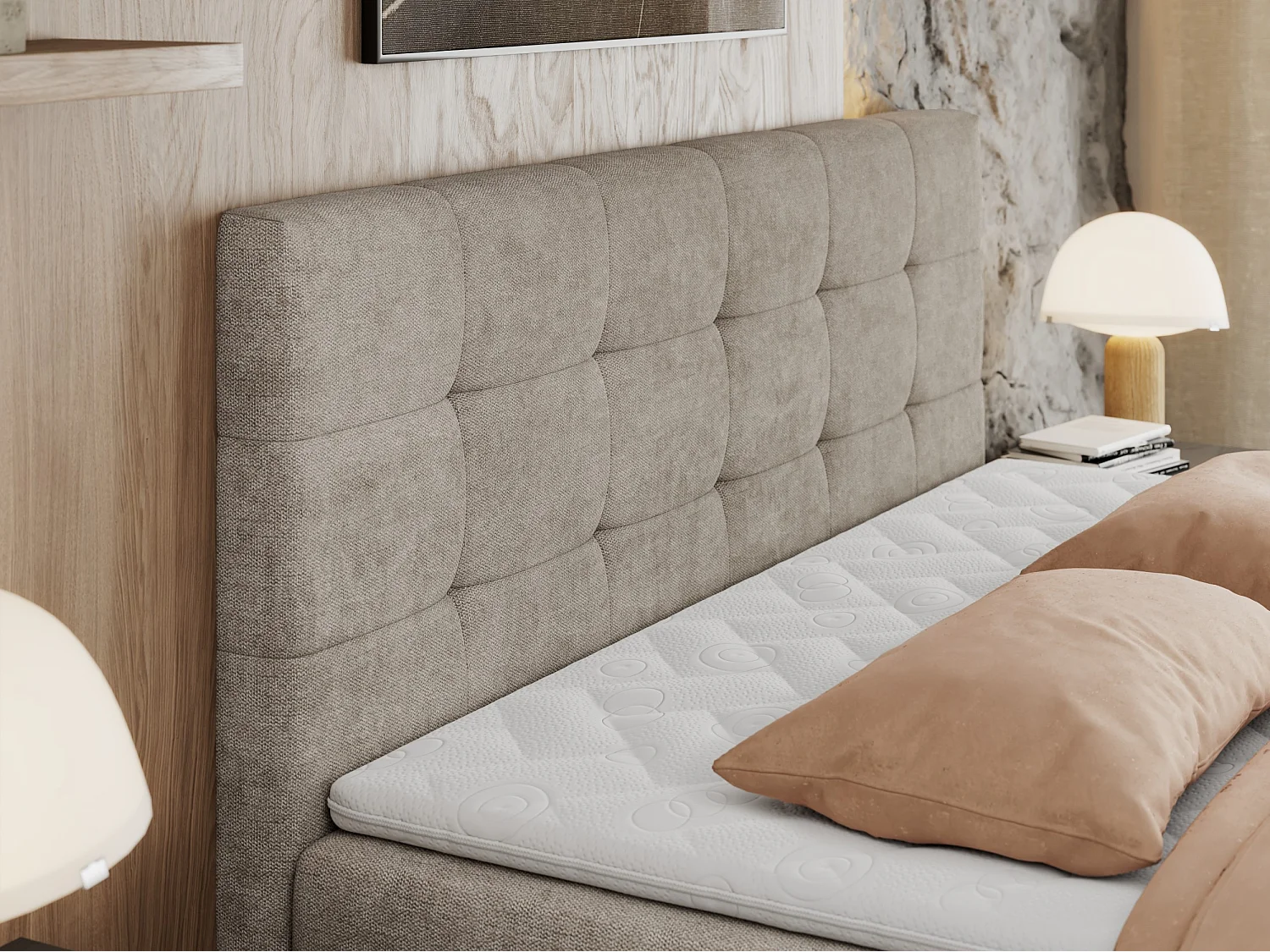 Boxspringbett CENTOS mit gestepptem Kopfteil, Multipocket-Matratze, Doppelbett mit Stauraum - 160x200 cm - H3 - Beige Struktur