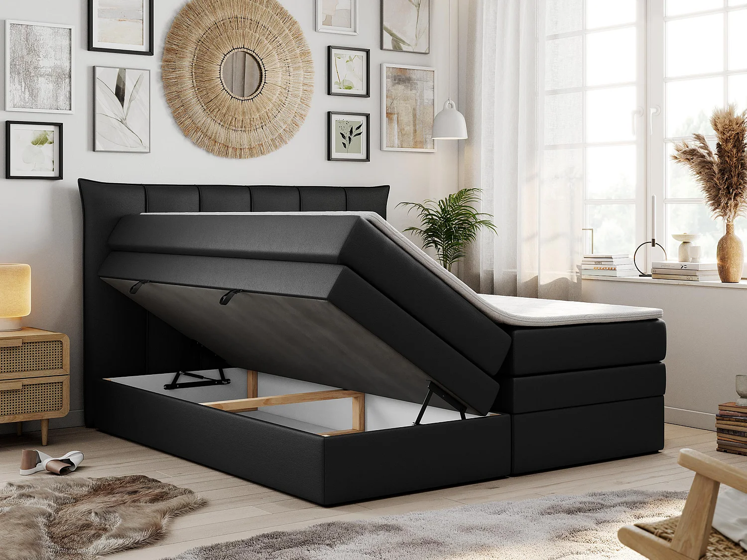 Boxspringbett PREMIUM 10 KING, Doppelbett mit Stauraum, gesteppte Kopfstütze, Multipocket-Matratze - 180x200 cm - H4 - Schwarz Kunstleder