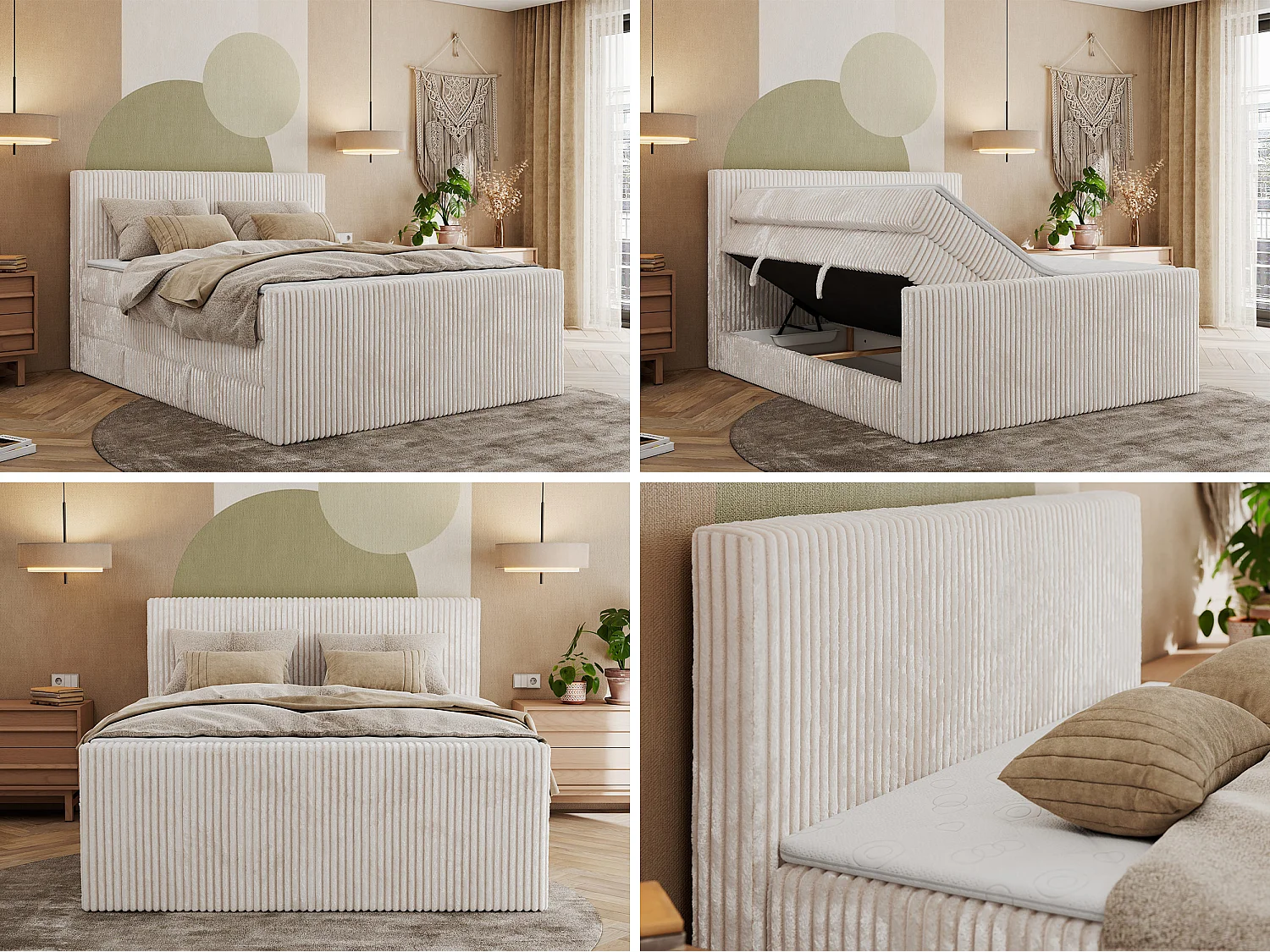 Boxspringbett TILIANO KING DUO, mit zwei Bettkästen, Cord Bett Multipocket-Matratze - 160x200 cm - H3 - Beige Cord
