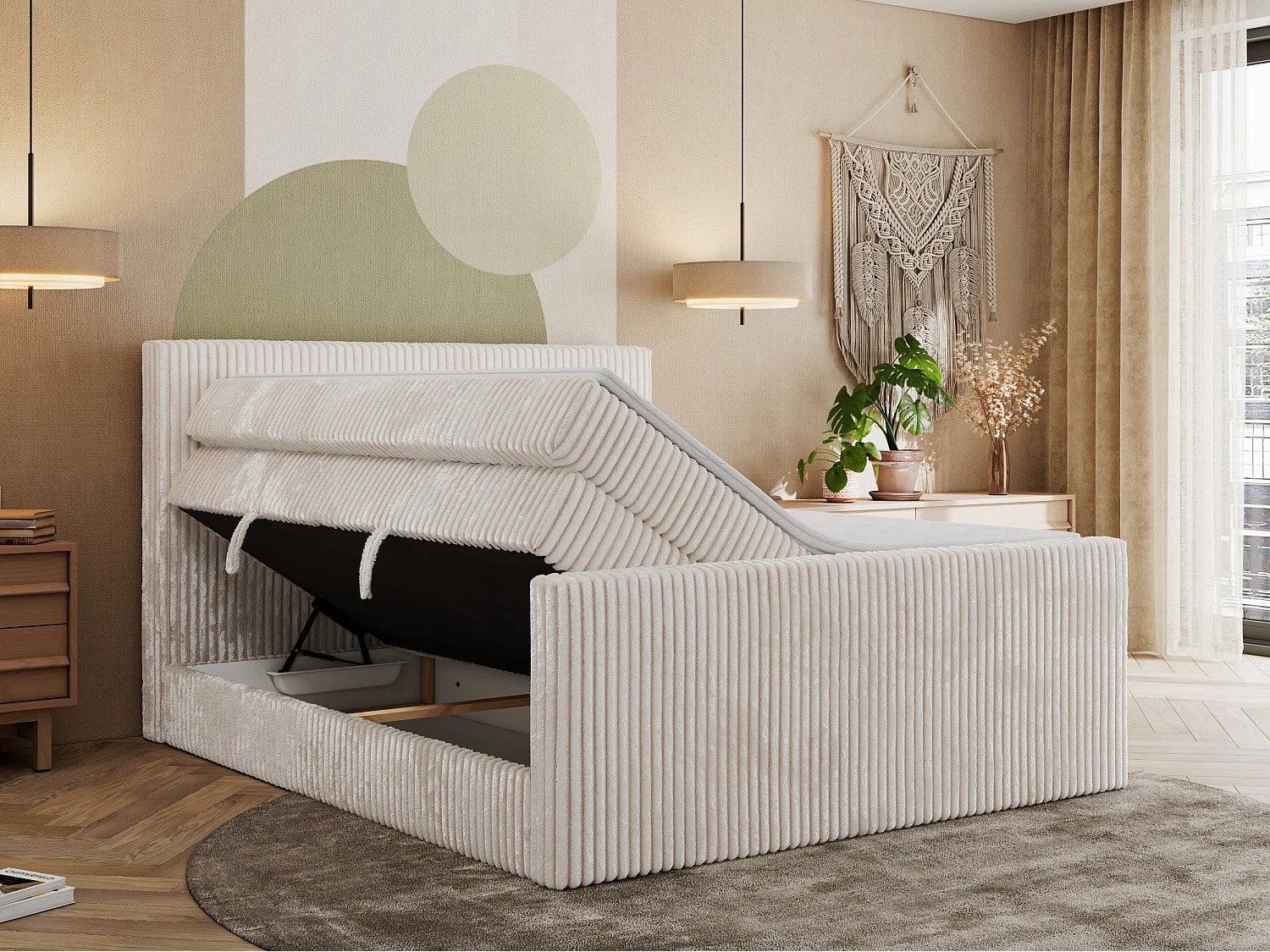 Boxspringbed met hoofdbord H3 + Topper T25 - Beige Ribstof - 160x200 - TILIANO KING DUO