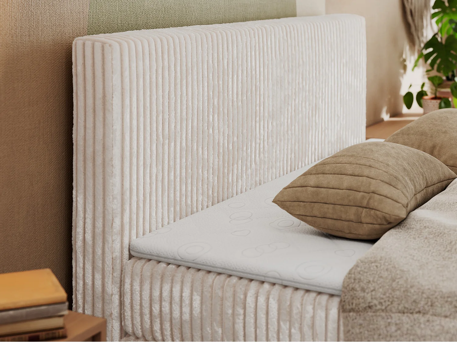 Boxspringbed met hoofdbord H3 + Topper T25 - Beige Ribstof - 160x200 - TILIANO KING DUO