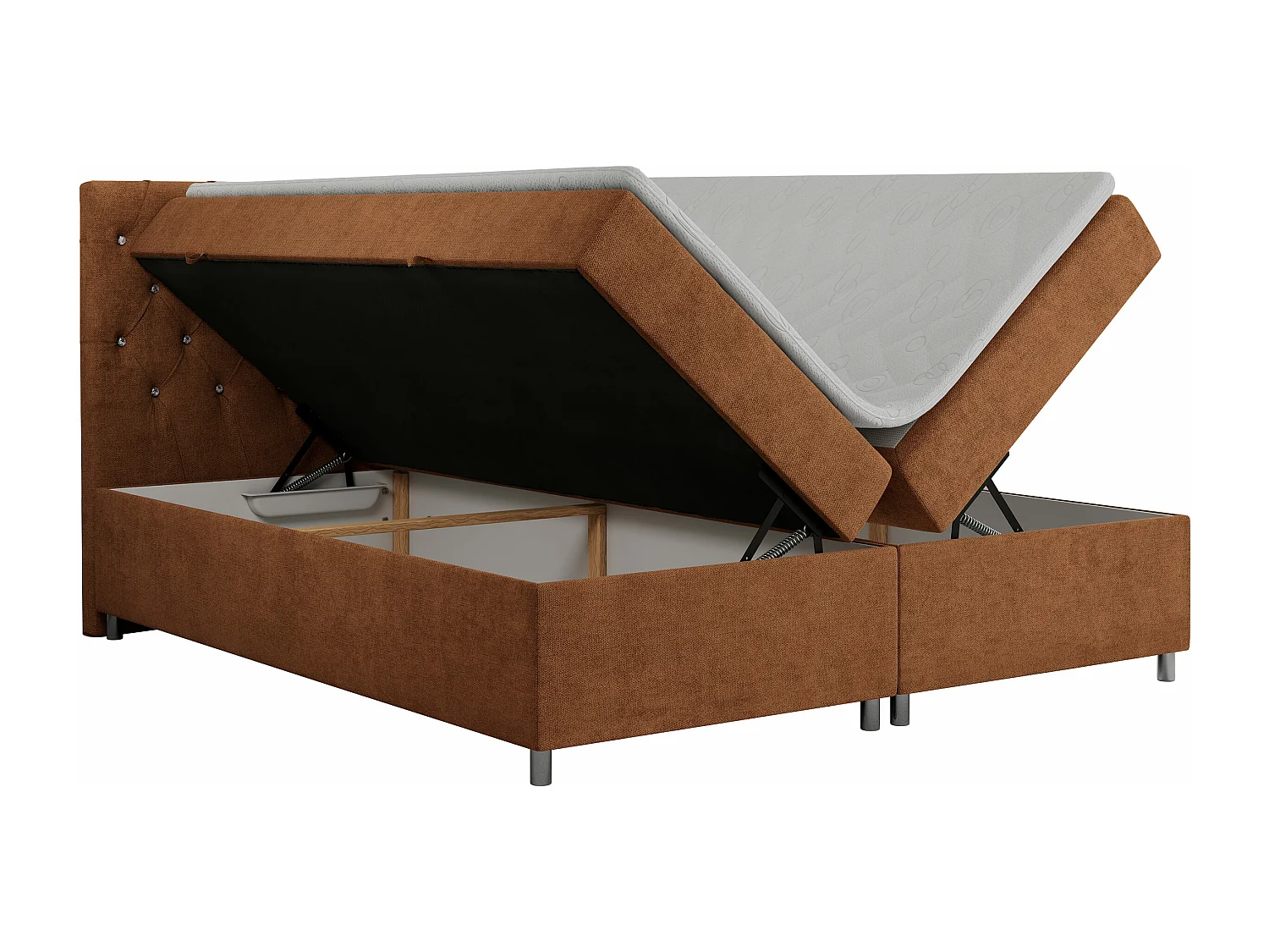 Boxspringbett ROMA mit gestepptem Kopfteil, Multipocket-Matratze, dekorative Füße - 180x200 cm - H3 - Orange Strukture