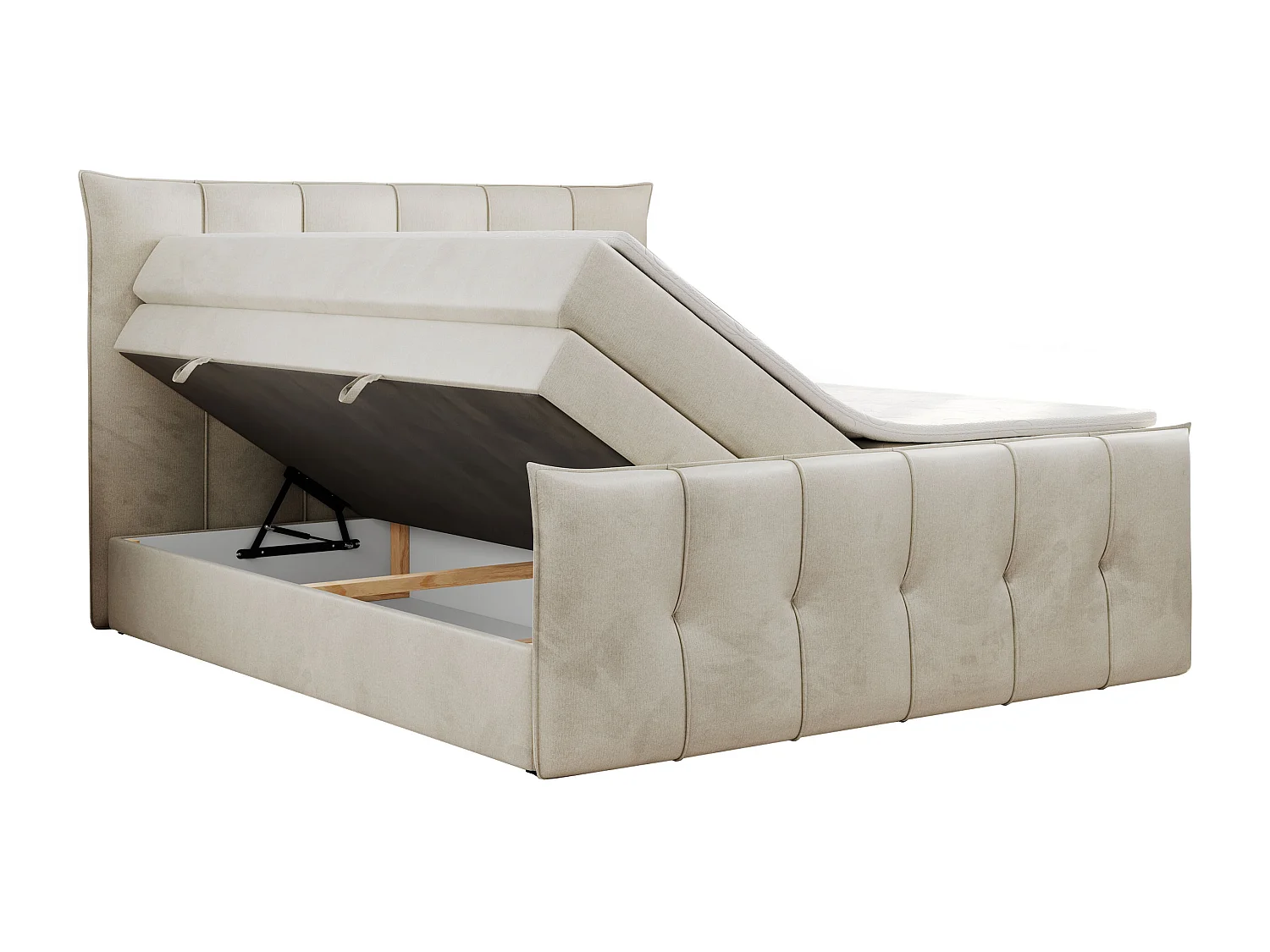 Boxspringbett PREMIUM 11 KING mit Stauraum, gestepptes Kopfteil, zwei Multipocket-Matratzen - 200x200 cm - H3 - Beige Velvet