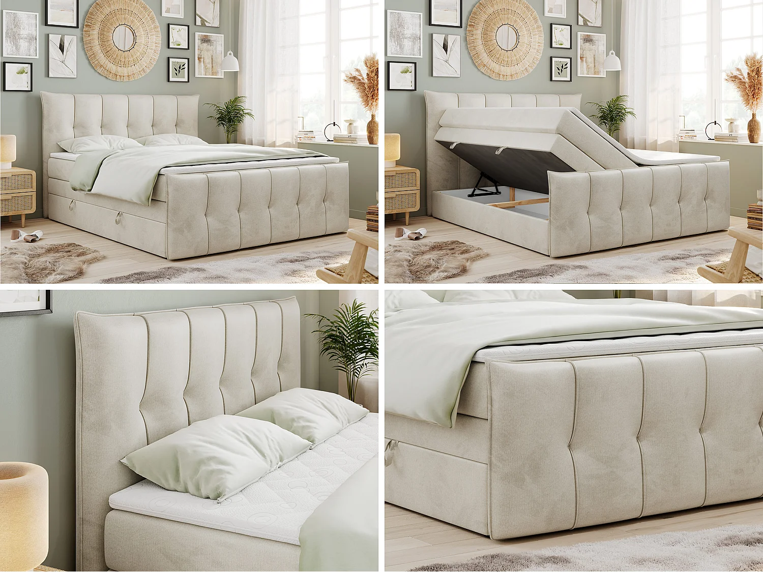 Lit boxspring avec 2 coffres - 2 matelas mi-fermes + surmatelas mousse - Beige Velours - 200x200 - PREMIUM 11 KING