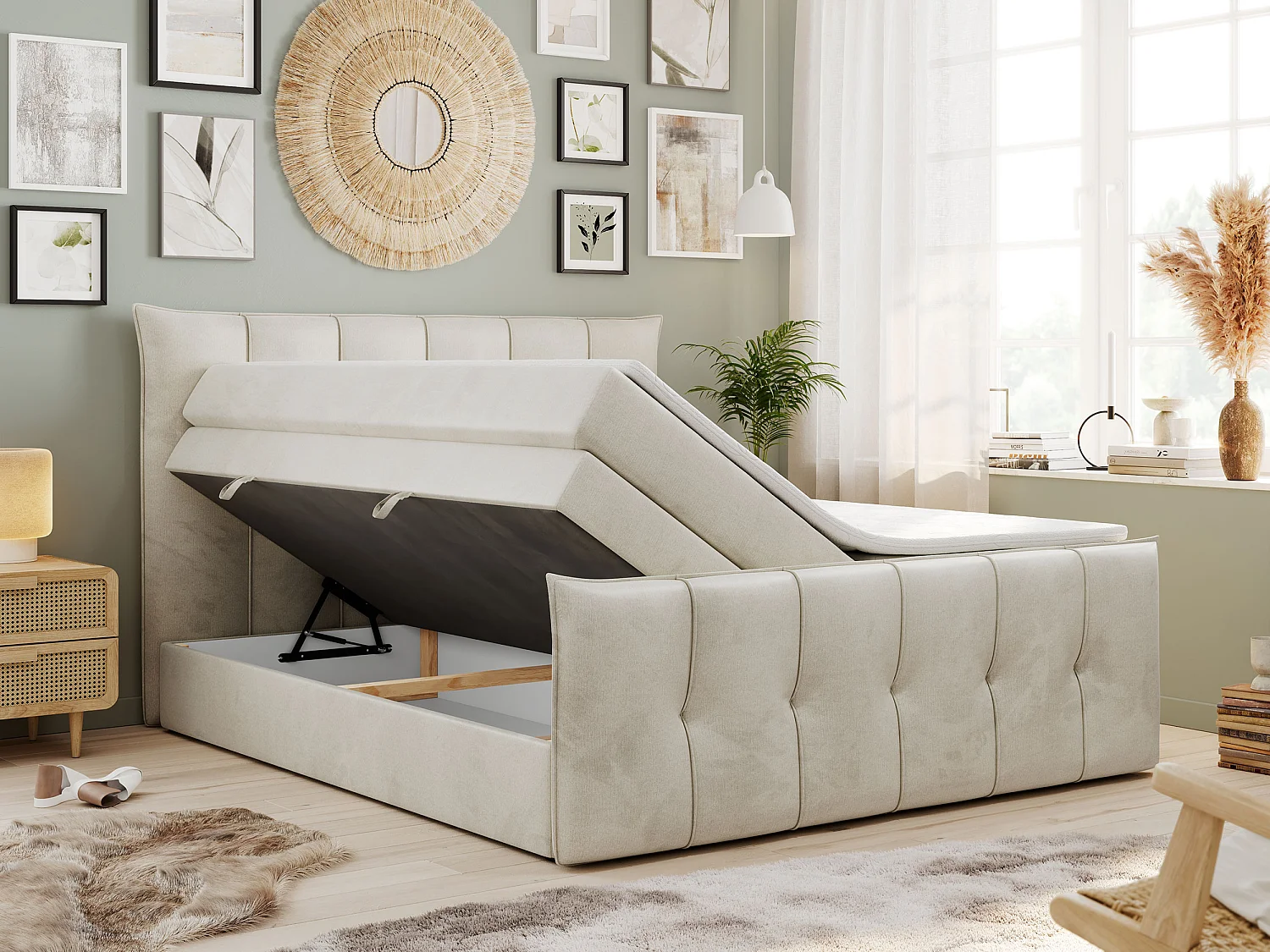 Lit boxspring avec 2 coffres - 2 matelas mi-fermes + surmatelas mousse - Beige Velours - 200x200 - PREMIUM 11 KING