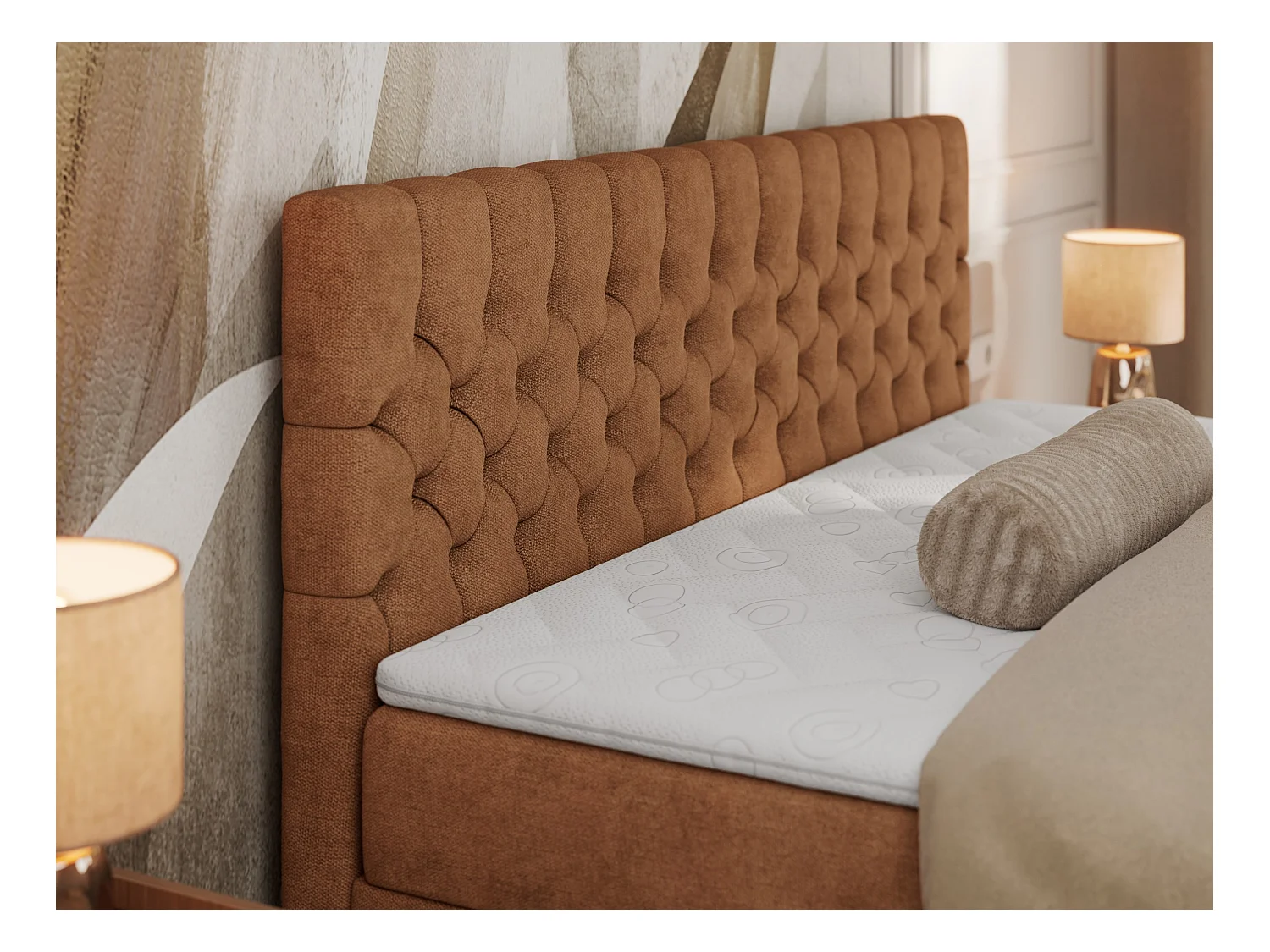 Boxspringbett GRIMALDI mit zwei Bettkästen, gesteppter Kopfstütze, Metallfüßen - 120x200 cm - H3 - Orange Strukture