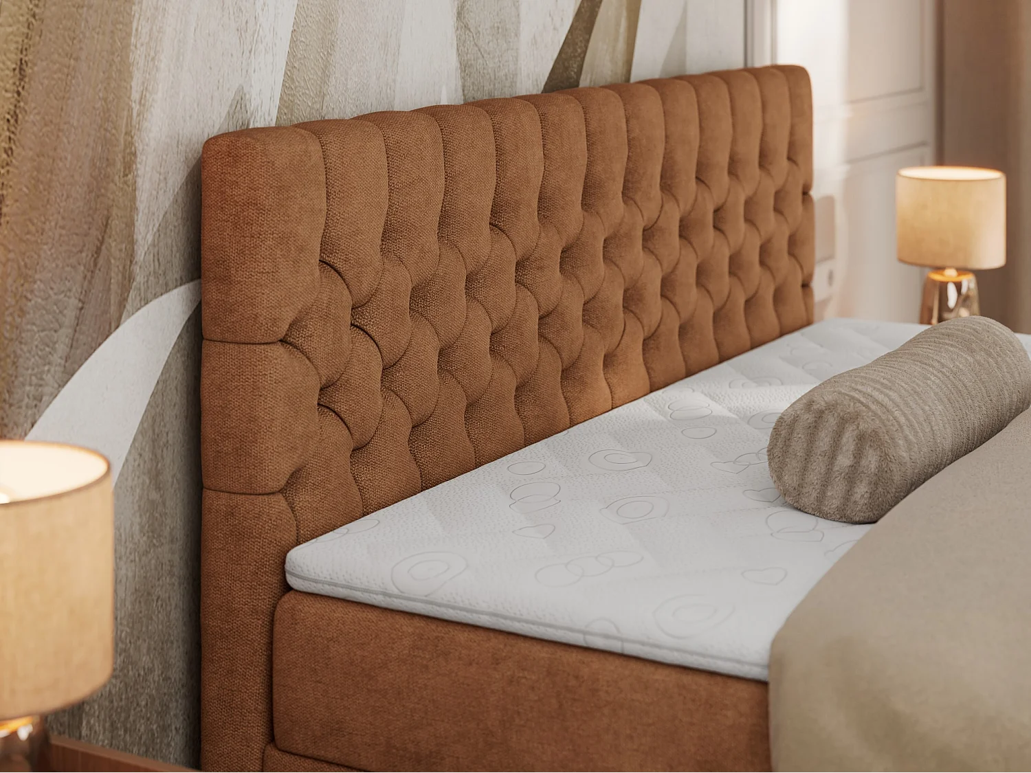 Boxspringbett GRIMALDI mit zwei Bettkästen, gesteppter Kopfstütze, Metallfüßen - 120x200 cm - H3 - Orange Strukture