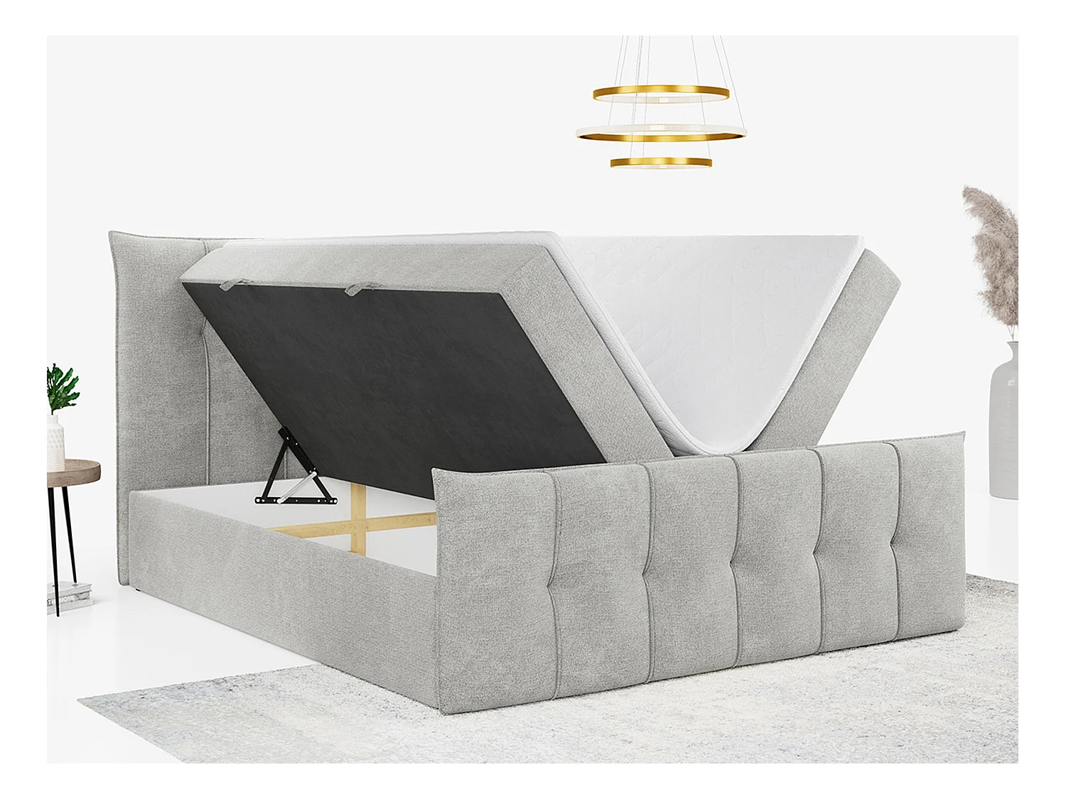 Boxspringbett PREMIUM 11 mit Stauraum, gestepptem Kopfteil, Multipocket-Matratze und Topper - 120x200 cm - H3 - Hellgrau Strukture