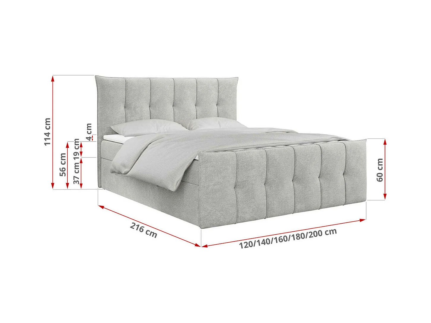 Boxspringbett PREMIUM 11 mit Stauraum, gestepptem Kopfteil, Multipocket-Matratze und Topper - 120x200 cm - H3 - Hellgrau Strukture