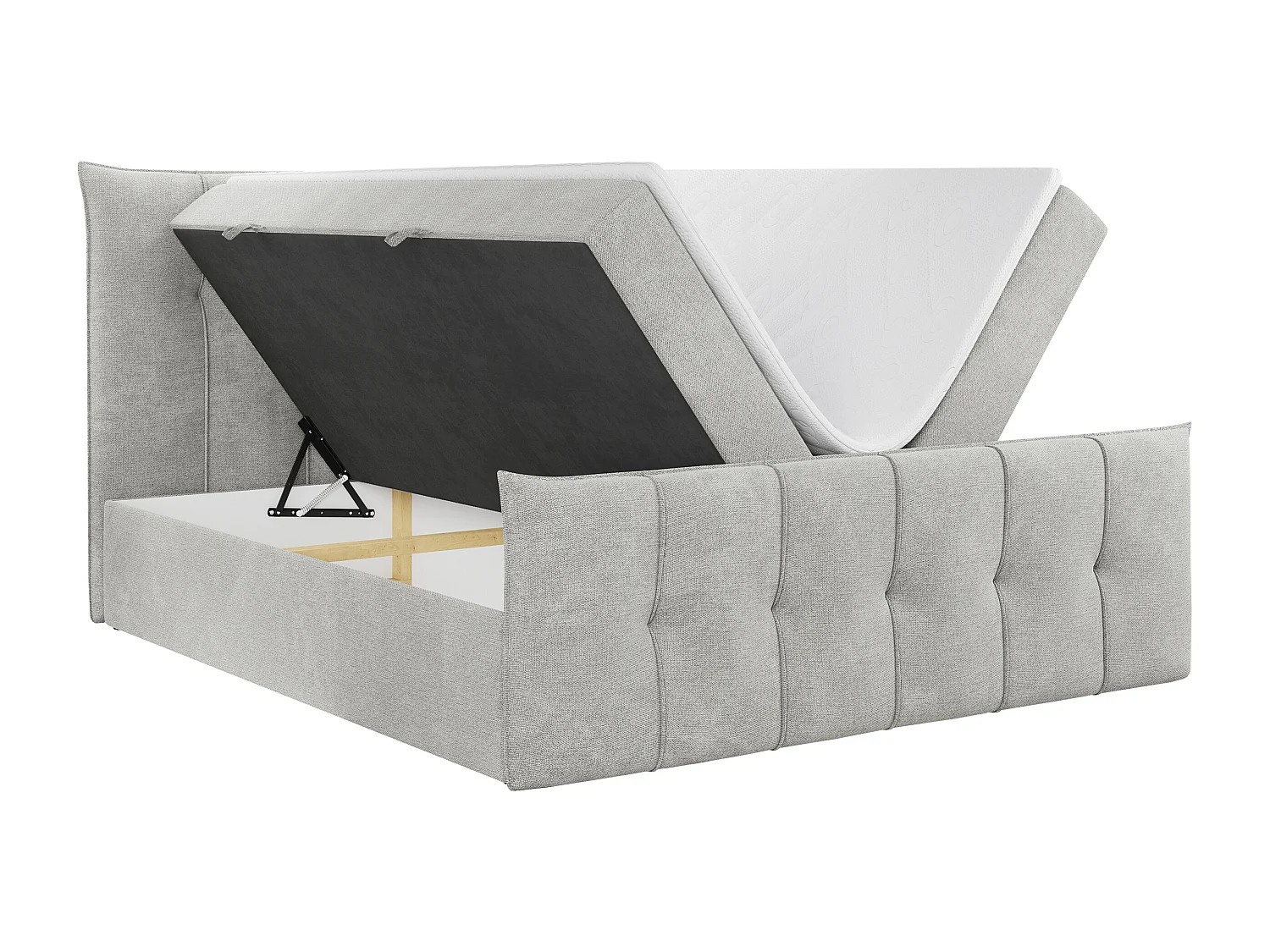 Boxspringbett PREMIUM 11 mit Stauraum, gestepptem Kopfteil, Multipocket-Matratze und Topper - 120x200 cm - H3 - Hellgrau Strukture