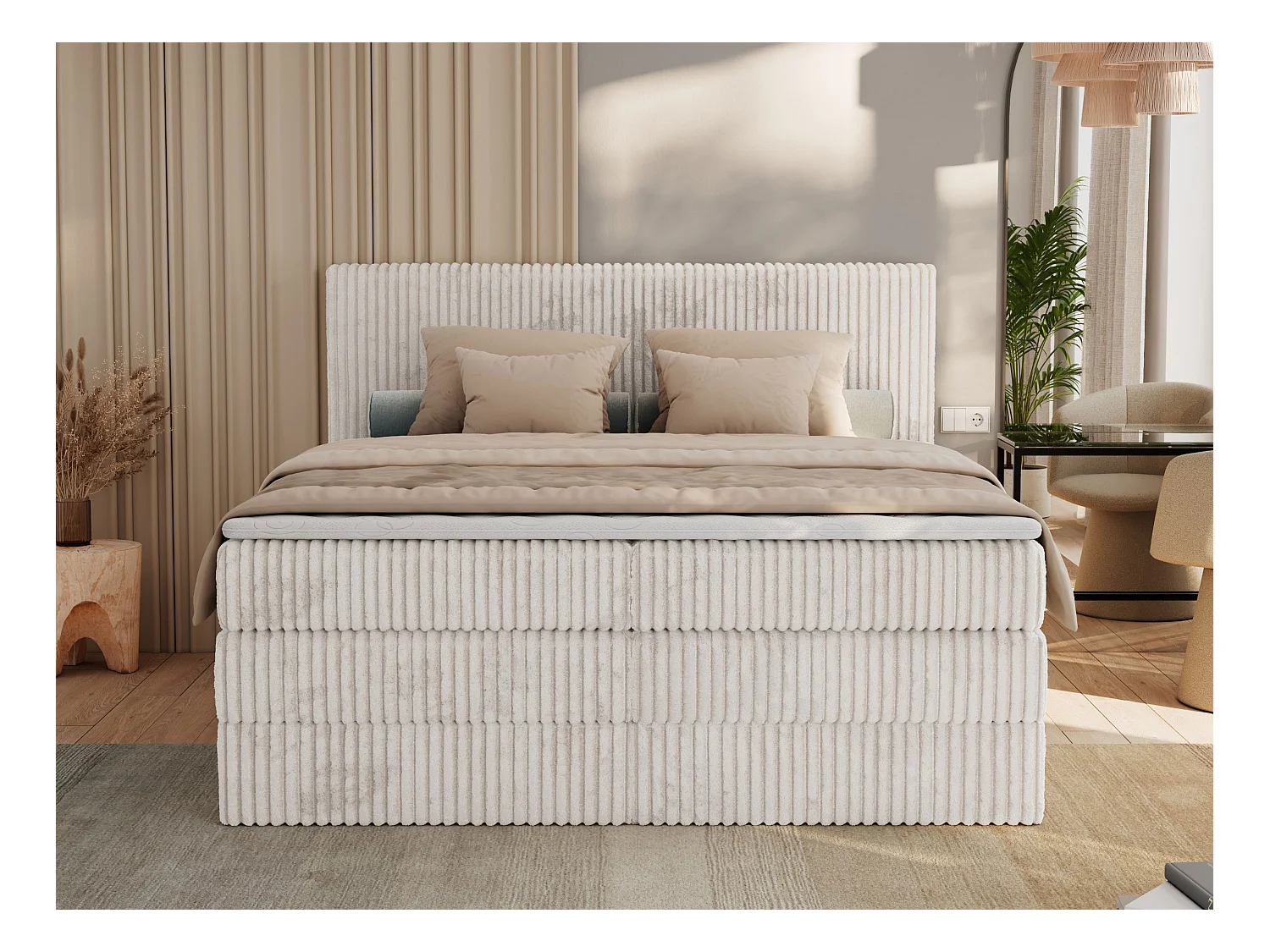 Boxspringbett TILIANO KING, Multipocket-Matratze, Cord Bett, Kopfteil und zwei Bettkästen - 160x200 cm - H3 - Beige Cord