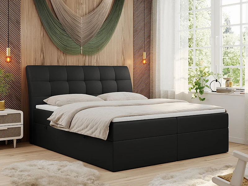 Boxspringbett DIEGOS mit Stauraum, gestepptem Kopfteil, Multipocket-Matratze - 120x200 cm - H3 - Schwarz Kunstleder