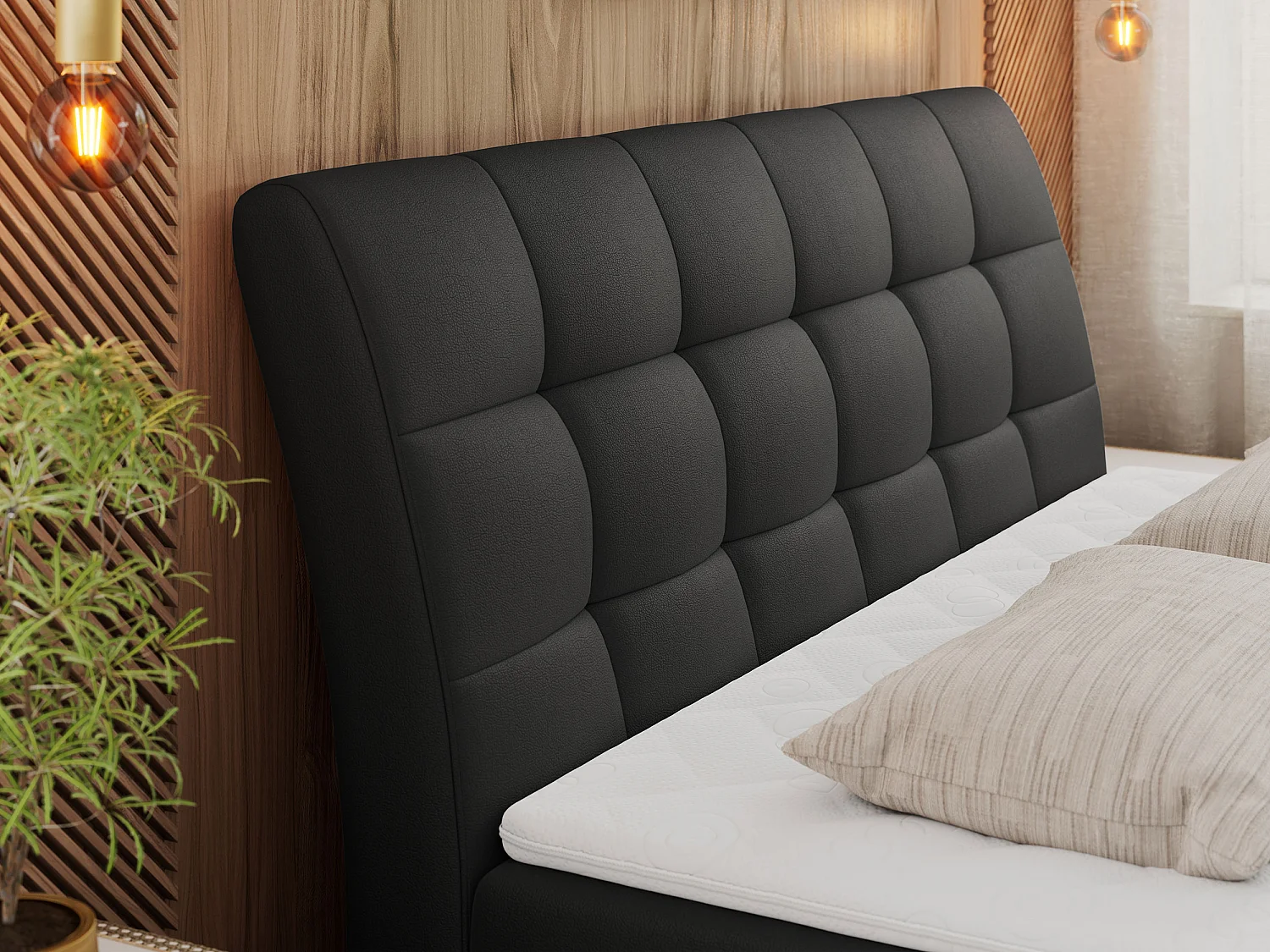 Boxspringbett DIEGOS mit Stauraum, gestepptem Kopfteil, Multipocket-Matratze - 120x200 cm - H3 - Schwarz Kunstleder