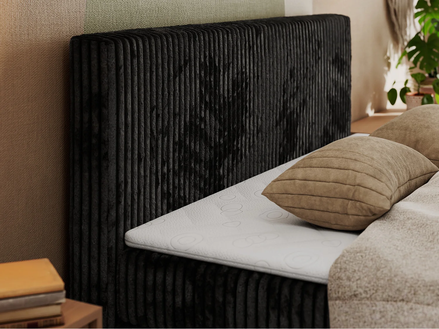 Boxspringbed met hoofdbord H4 + Topper T25 - Zwart Ribstof - 140x200 - TILIANO KING DUO