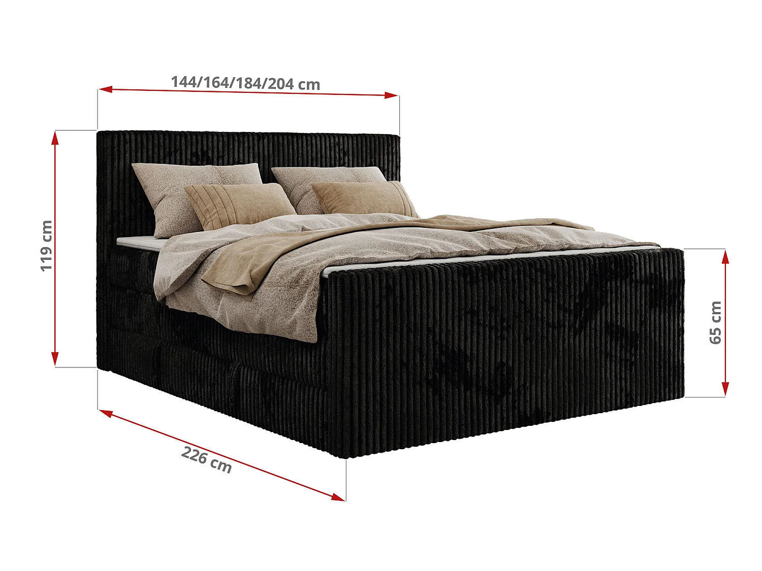 Boxspringbed met hoofdbord H4 + Topper T25 - Zwart Ribstof - 140x200 - TILIANO KING DUO