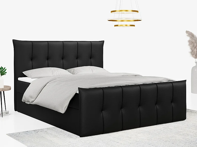 Boxspringbett PREMIUM 11 mit Stauraum, gestepptem Kopfteil, Multipocket-Matratze und Topper - 160x200 cm - H3 - Schwarz Kunstleder