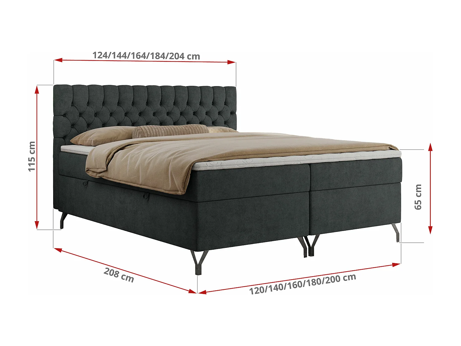 Boxspringbett GRIMALDI mit zwei Bettkästen, gesteppter Kopfstütze, Metallfüßen - 120x200 cm - H3 - Dunkelgrau Strukture