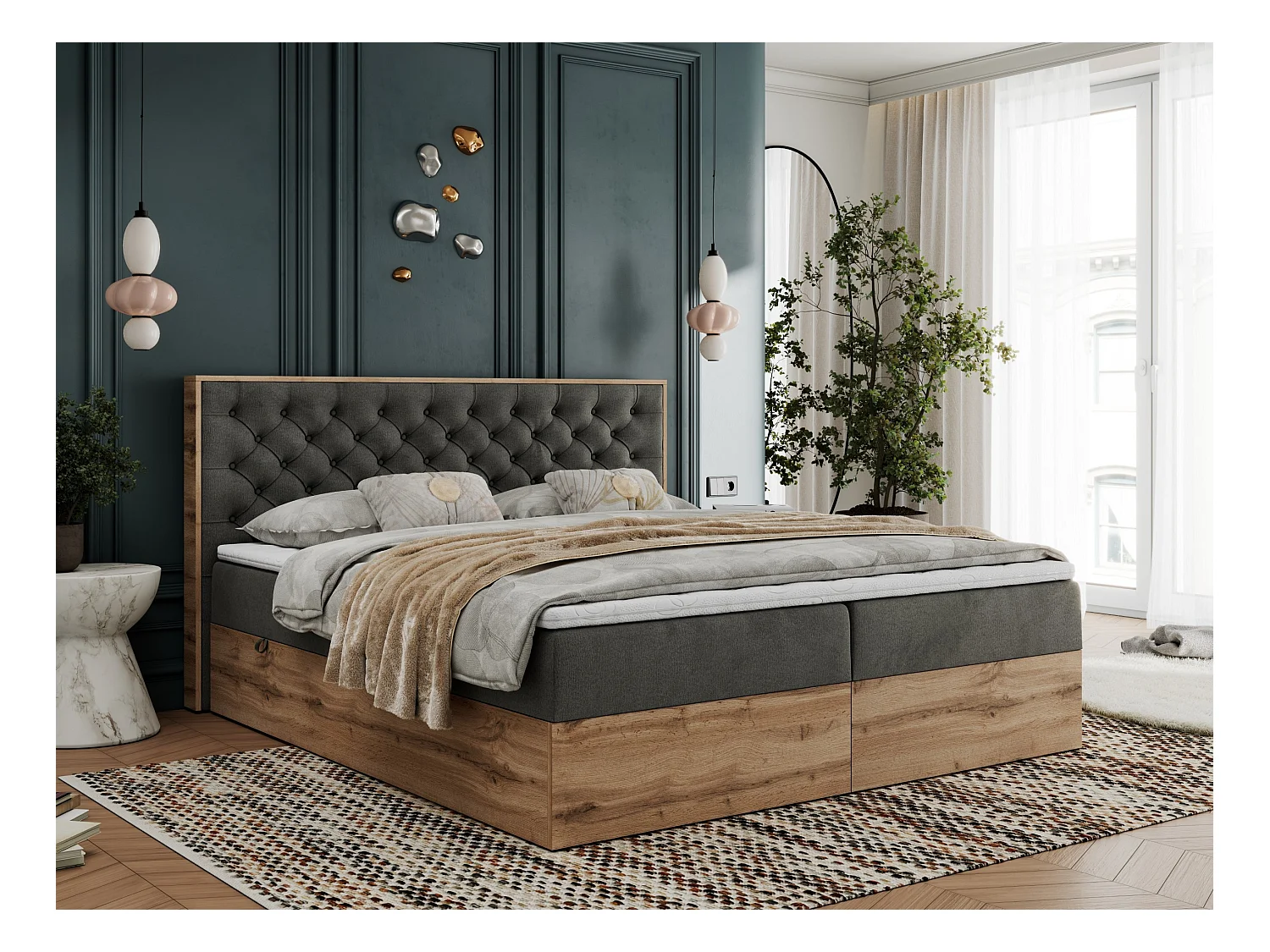 Boxspringbett ALBERO 3 - gesteppte Kopfstütze, Eiche Wotan Holzrahmen, Stauraum - 140x200 cm - H4 - Dunkelgrau Velvet