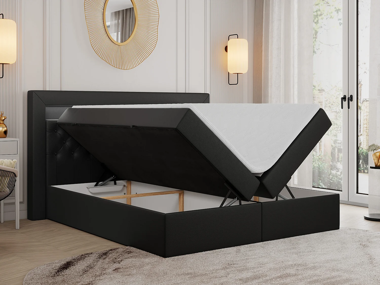 Boxspringbett GOLD 6, Doppelbett mit Stauraum, LED-Beleuchtung, gesteppte Kopfstütze - 200x200 cm - H4 - Schwarz Kunstleder