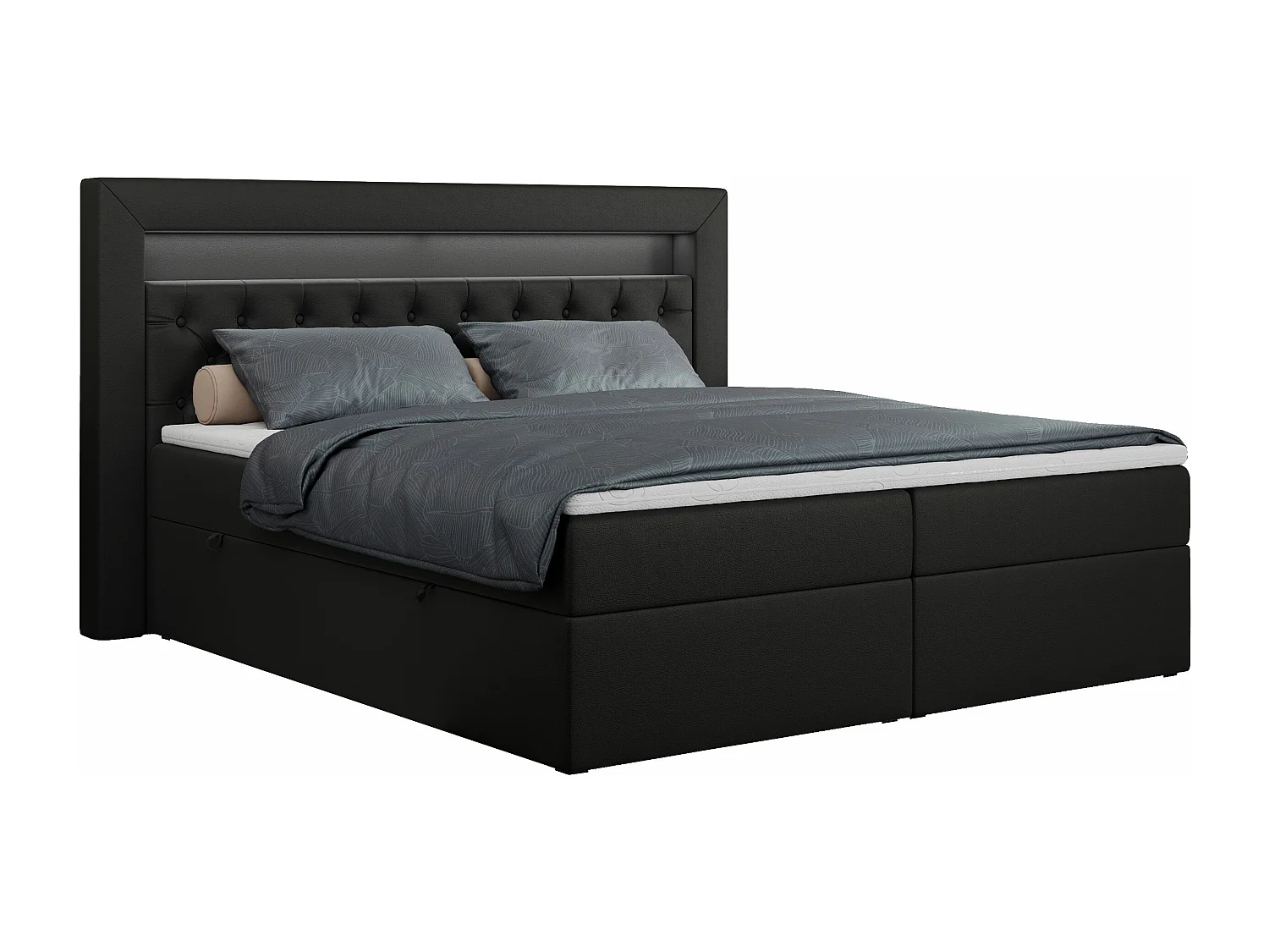 Boxspringbett GOLD 6, Doppelbett mit Stauraum, LED-Beleuchtung, gesteppte Kopfstütze - 200x200 cm - H4 - Schwarz Kunstleder